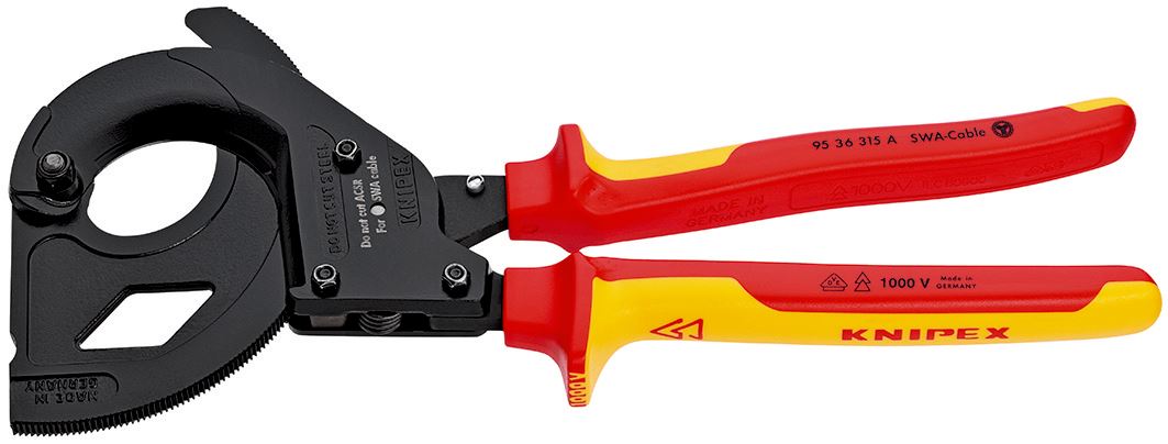 KNIPEX Cable Cutter Ratchet Action for SWA Cables 45mm Diameter 315mm VDE Insulated Multi Component Grips 95 36 315 A