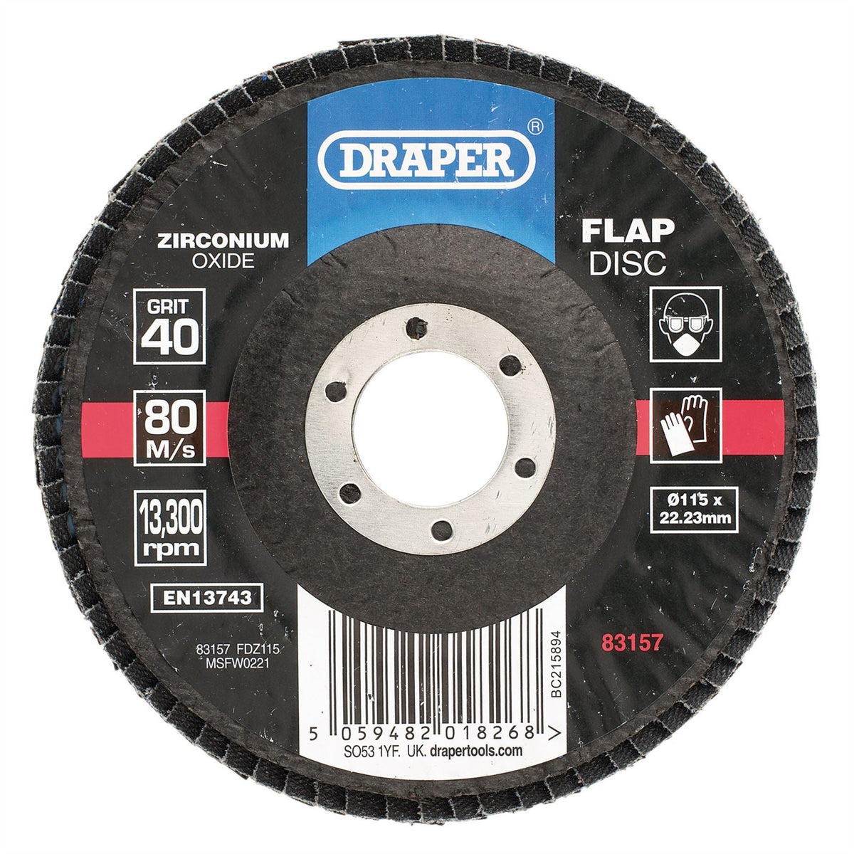 Draper Zirconium Oxide Flap Disc 115 x 22.23mm 40 Grit 83157 White Rose Tools