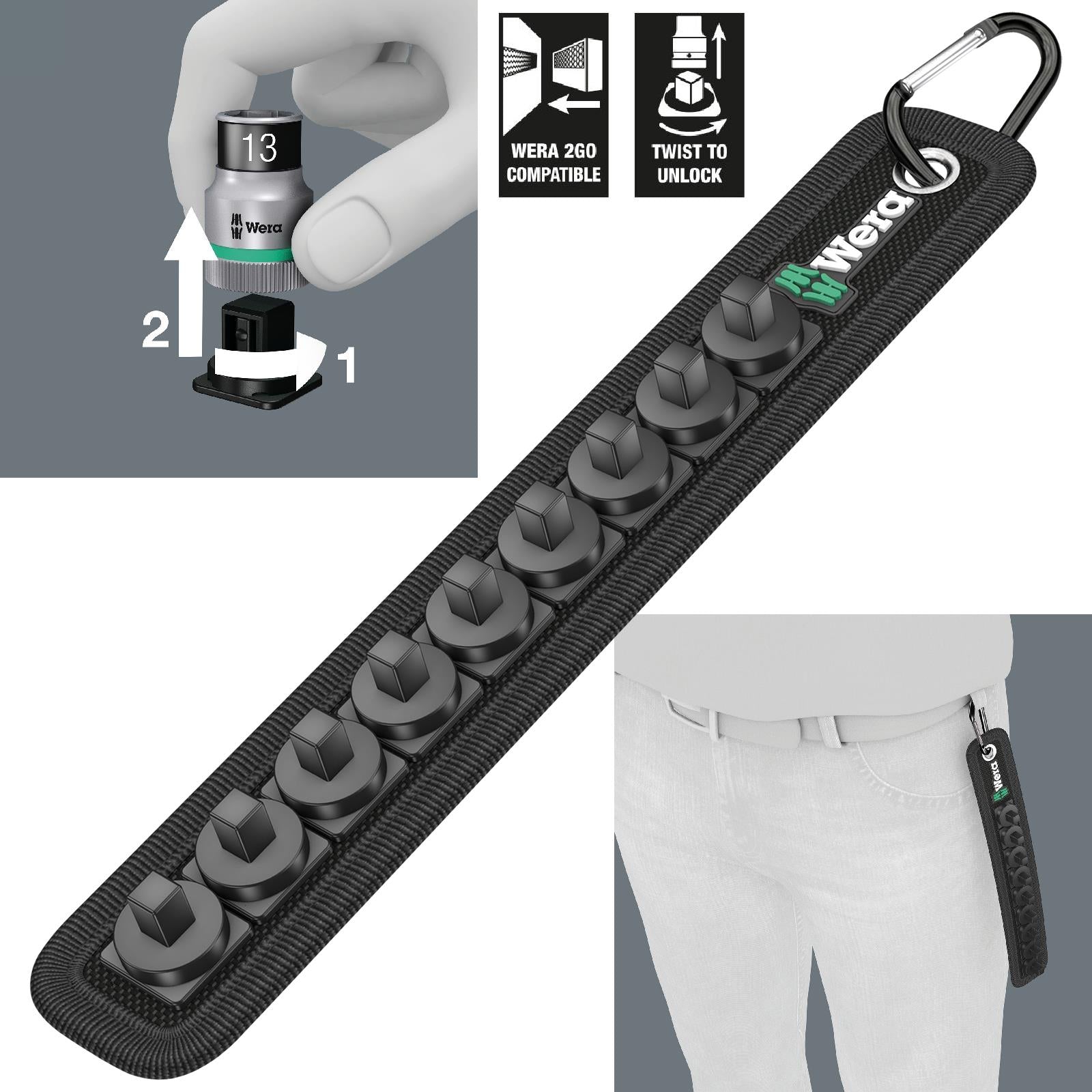 Wera Socket Rail A 1/4" Drive Textile Belt with Carabiner 9 Location Twist to Unlock Unloaded