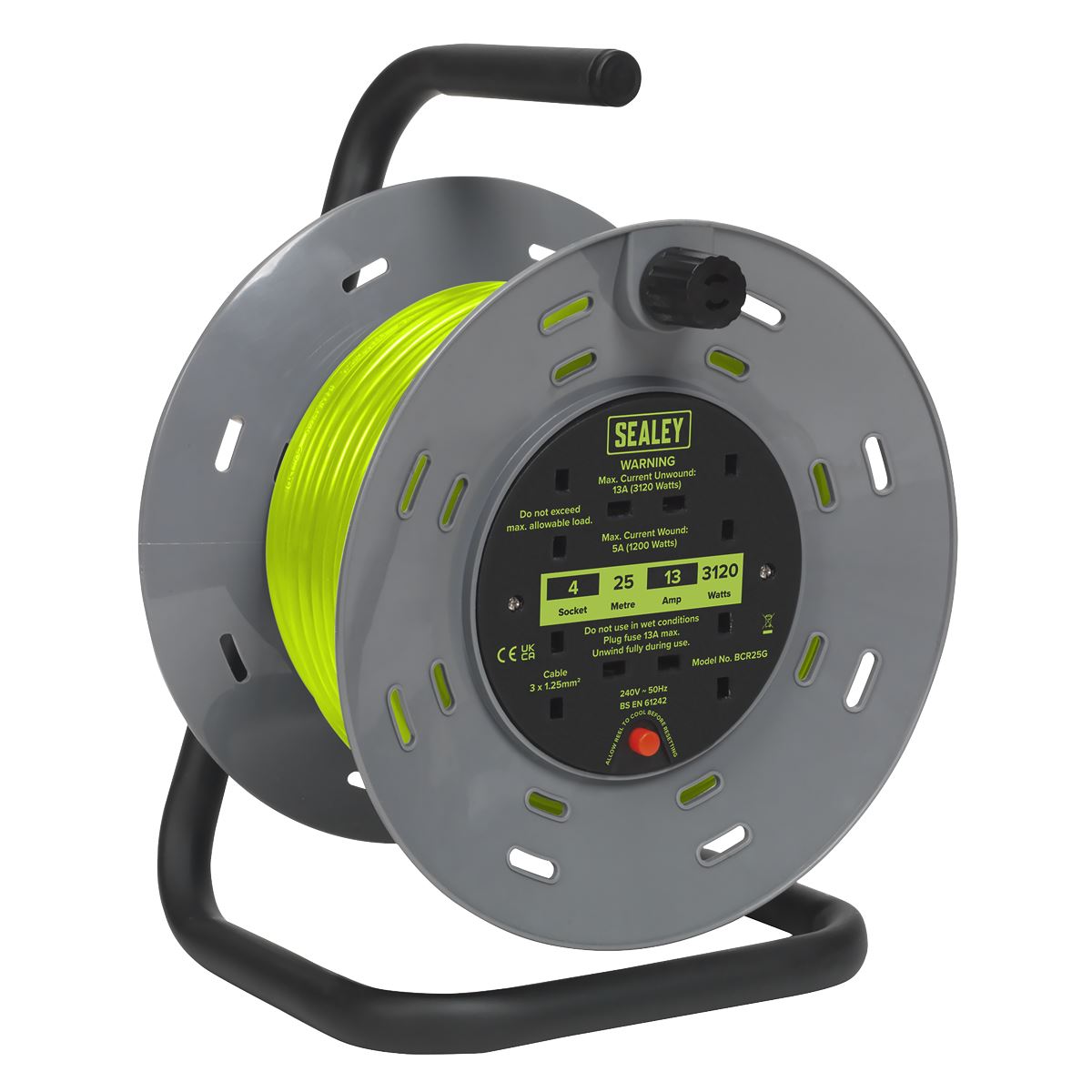 Sealey Cable Reel with Thermal Trip 4 x 230V Sockets 25m - Green