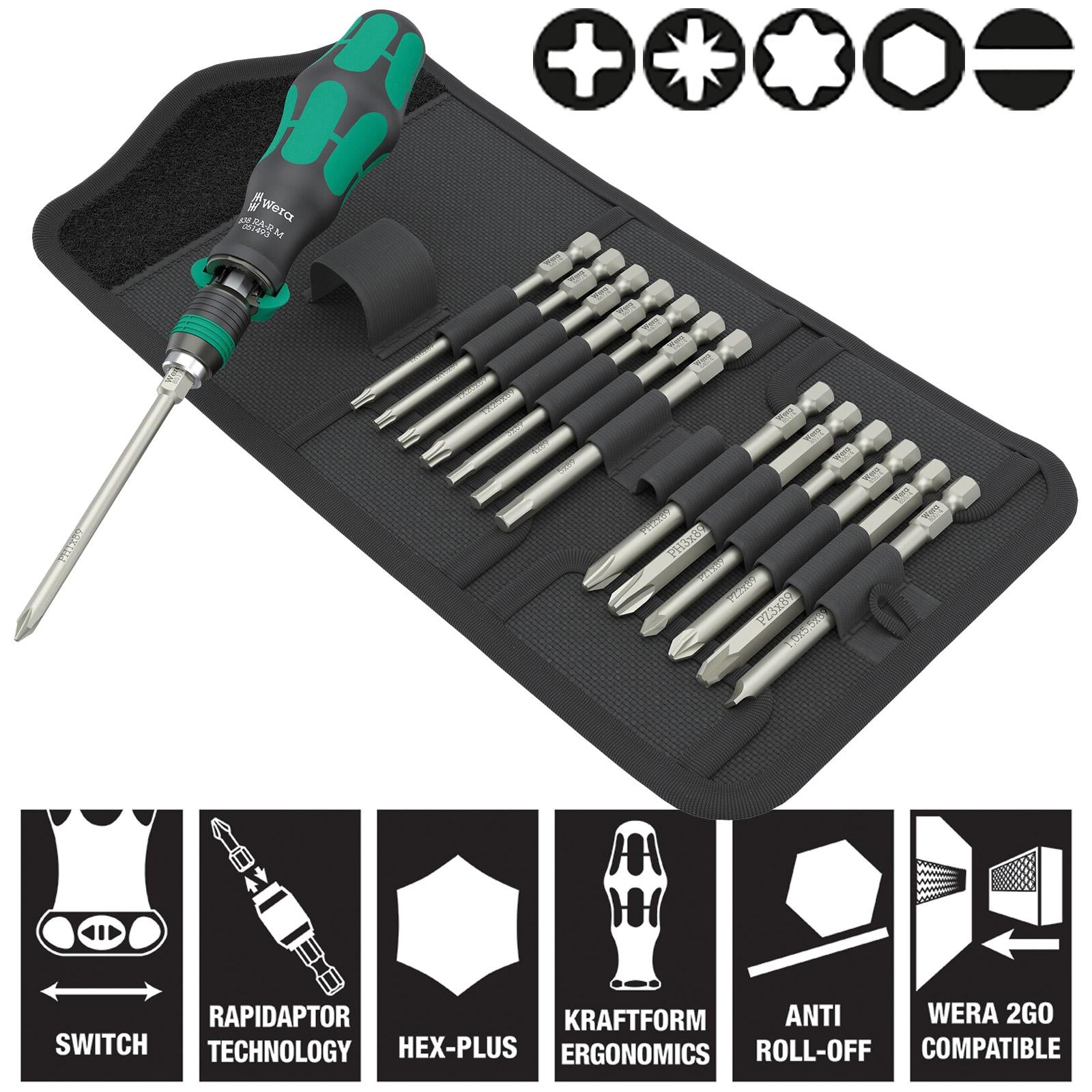 Wera Ratchet Screwdriver Set Kraftform Kompakt KK 838 RA-R M Set 1 15 Pieces PH PZ TX SL Hex