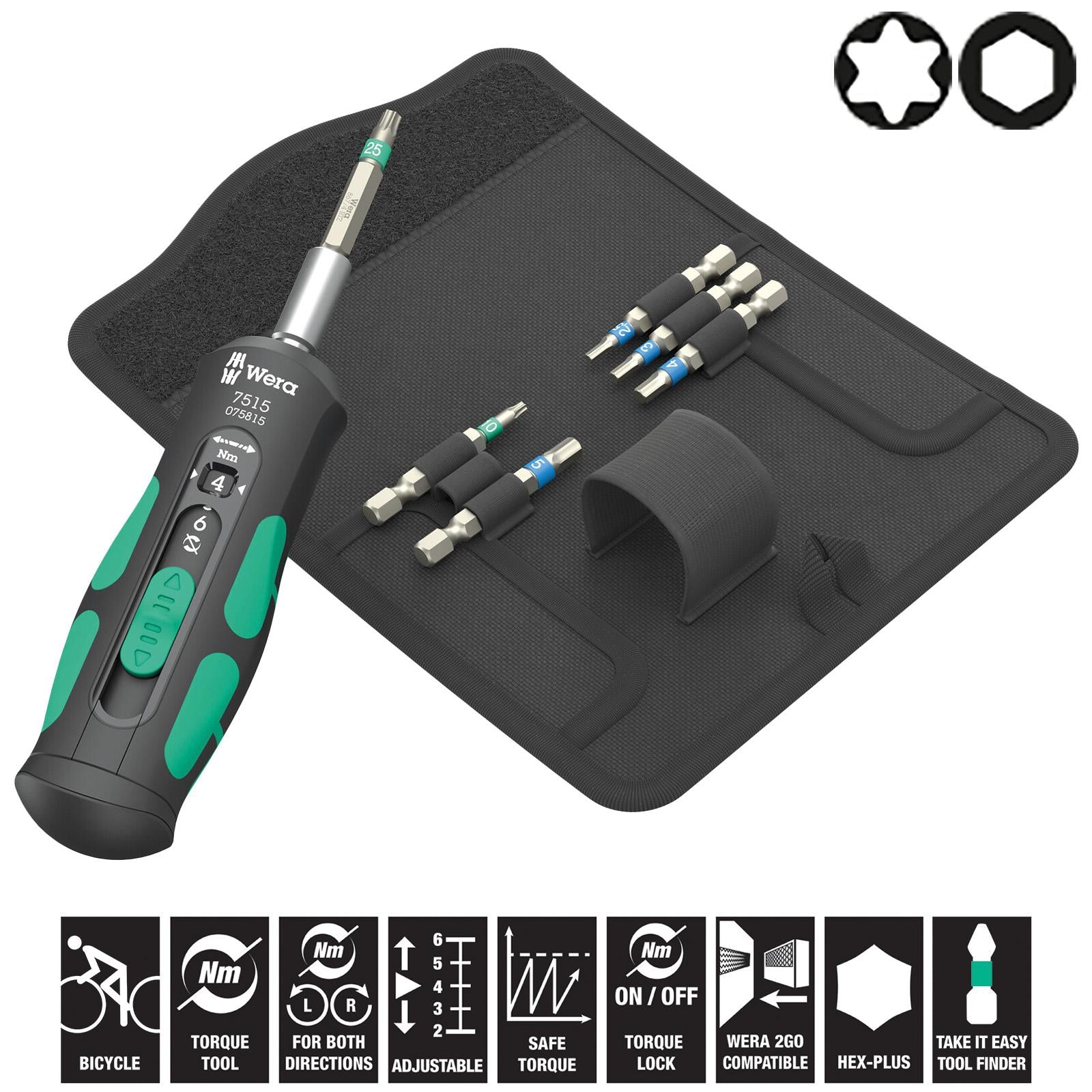 Wera Torque Wrench Screwdriver Set 1/4" Hex 2-6 Nm 7515/7 Kraftform Safe Torque Speed Bicycle 1 7 Piece TX Hex White Rose Tools