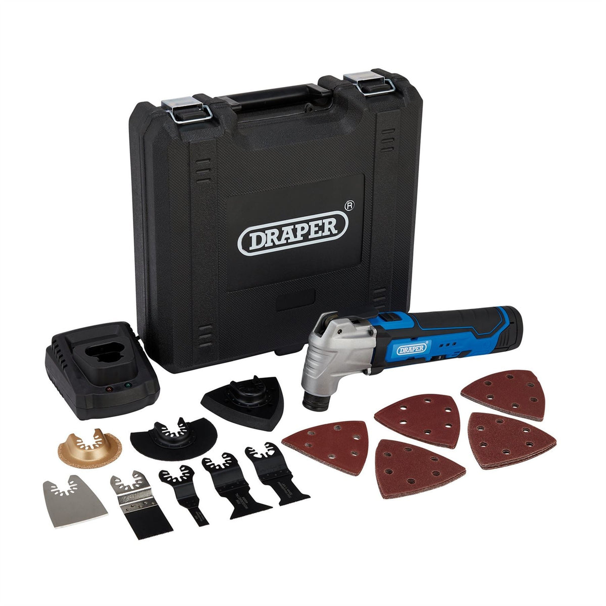 Draper 12V Oscillating Multi-Tool (33 Piece) 1 x Battery 1.5Ah 1 x Fast Charger 19392 White Rose Tools