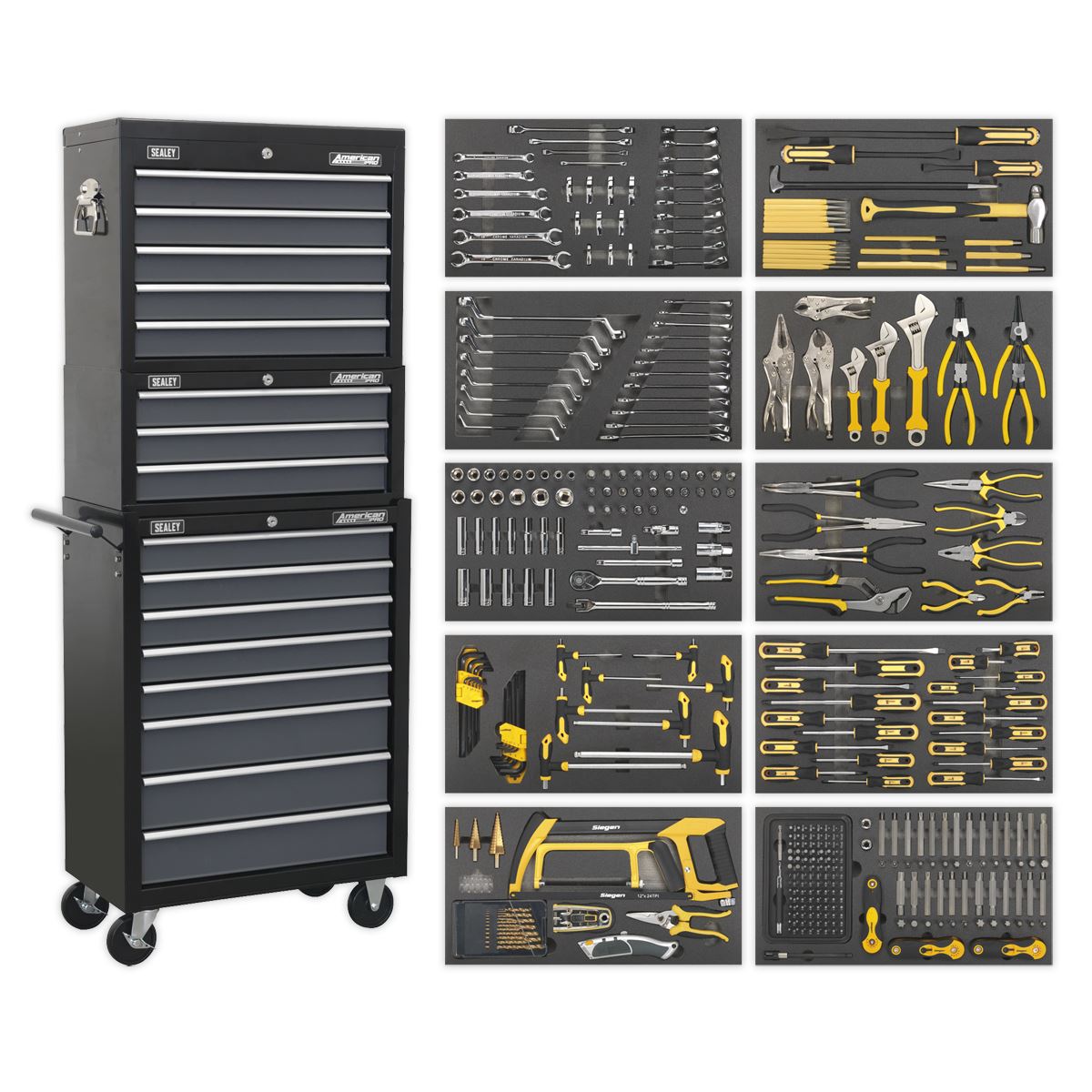 Sealey American Pro Tool Chest Combination 16 Drawer with Ball-Bearing Slides - Black/Grey & 420pc Tool Kit