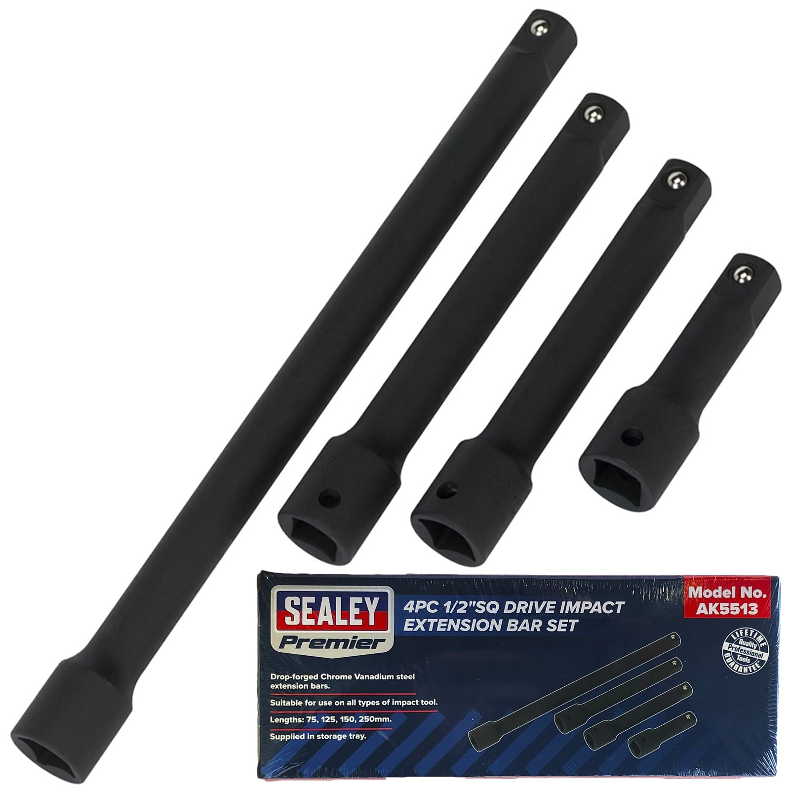 Sealey Premier 4 Piece 1/2" Drive Impact Extension Bar Set Socket 75-250mm Length