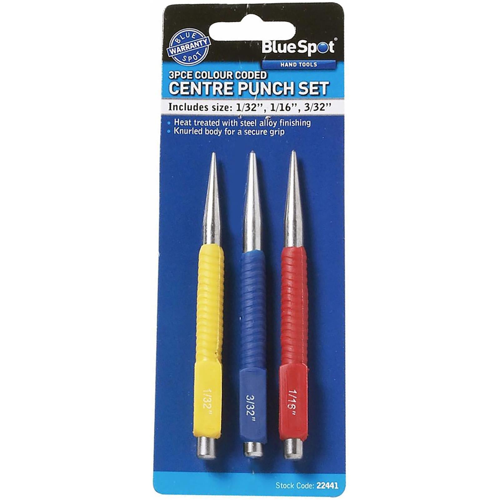 BlueSpot Centre Punch Set Colour Coded Imperial Scribe Dot Marking Drilling 3pc