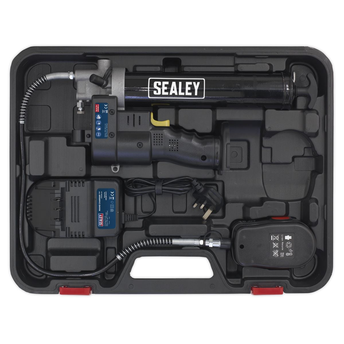 Sealey 18V Cordless Grease Gun 1.7Ah Battery and Mains Charger in Carry Case
