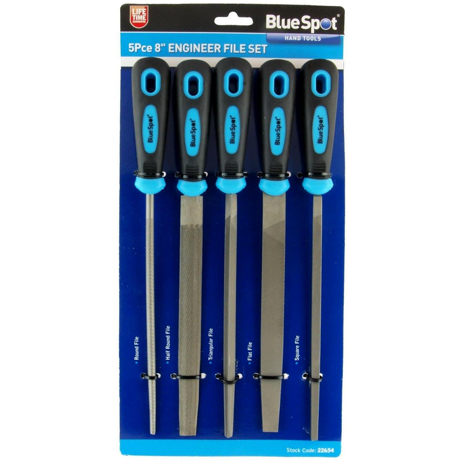 BlueSpot Engineers File Set Half Round Triangle Flat Square Rubber Grips 5pc