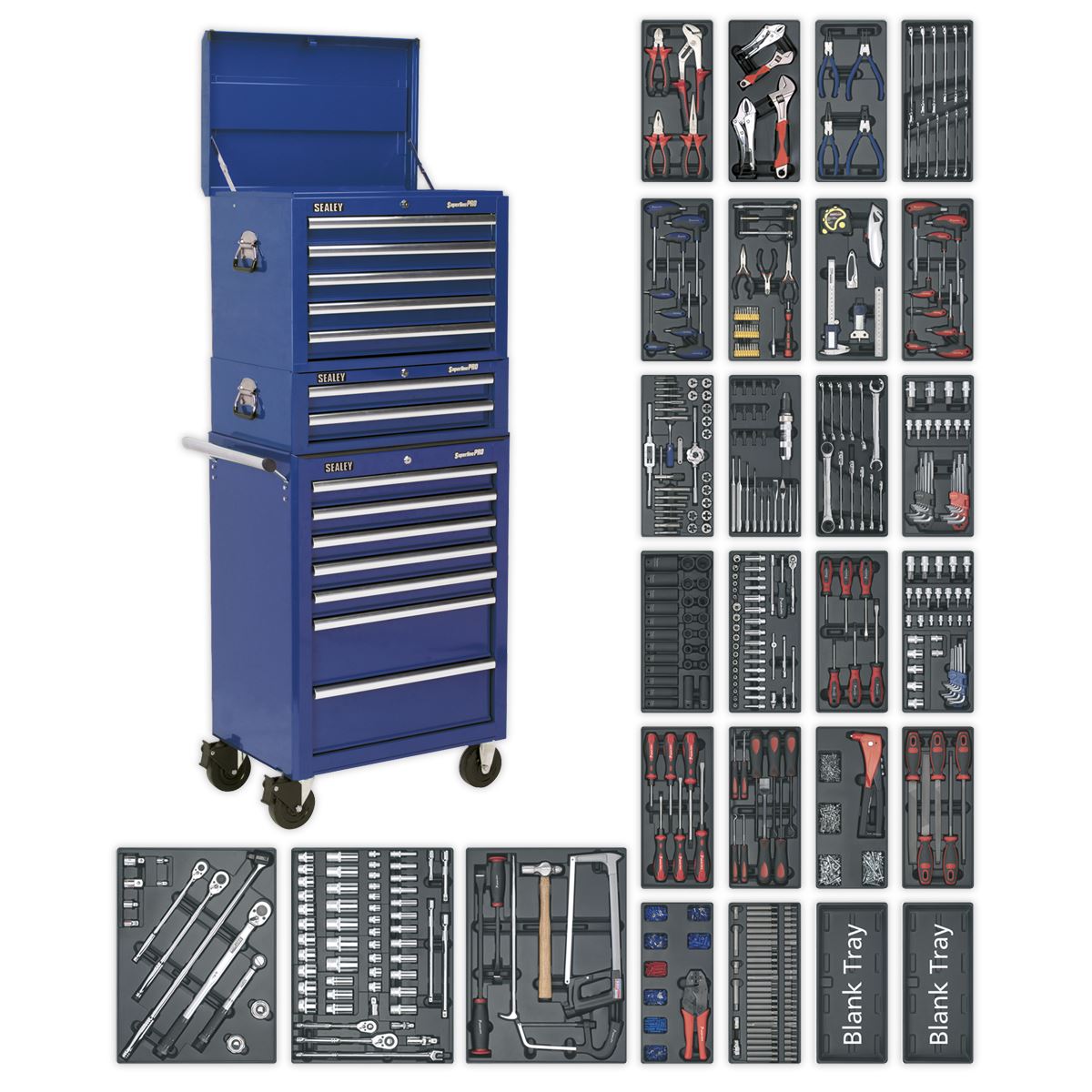 Sealey Superline Pro Tool Chest Combination 14 Drawer with Ball-Bearing Slides - Blue & 1179pc Tool Kit