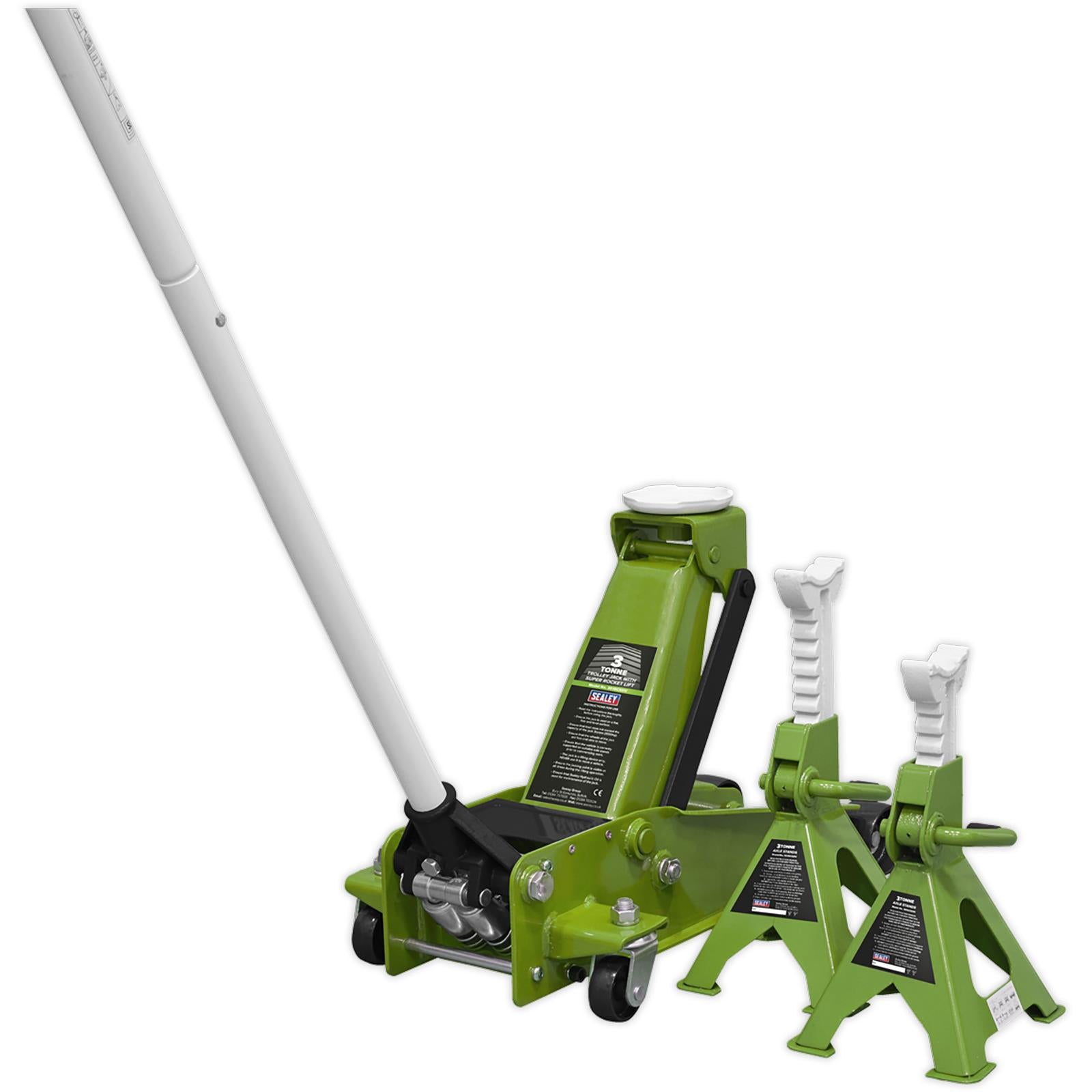 Sealey Trolley Jack with Super Rocket Lift 3 Tonne & Axle Stands (Pair) 3 Tonne Capacity per Stand - Green