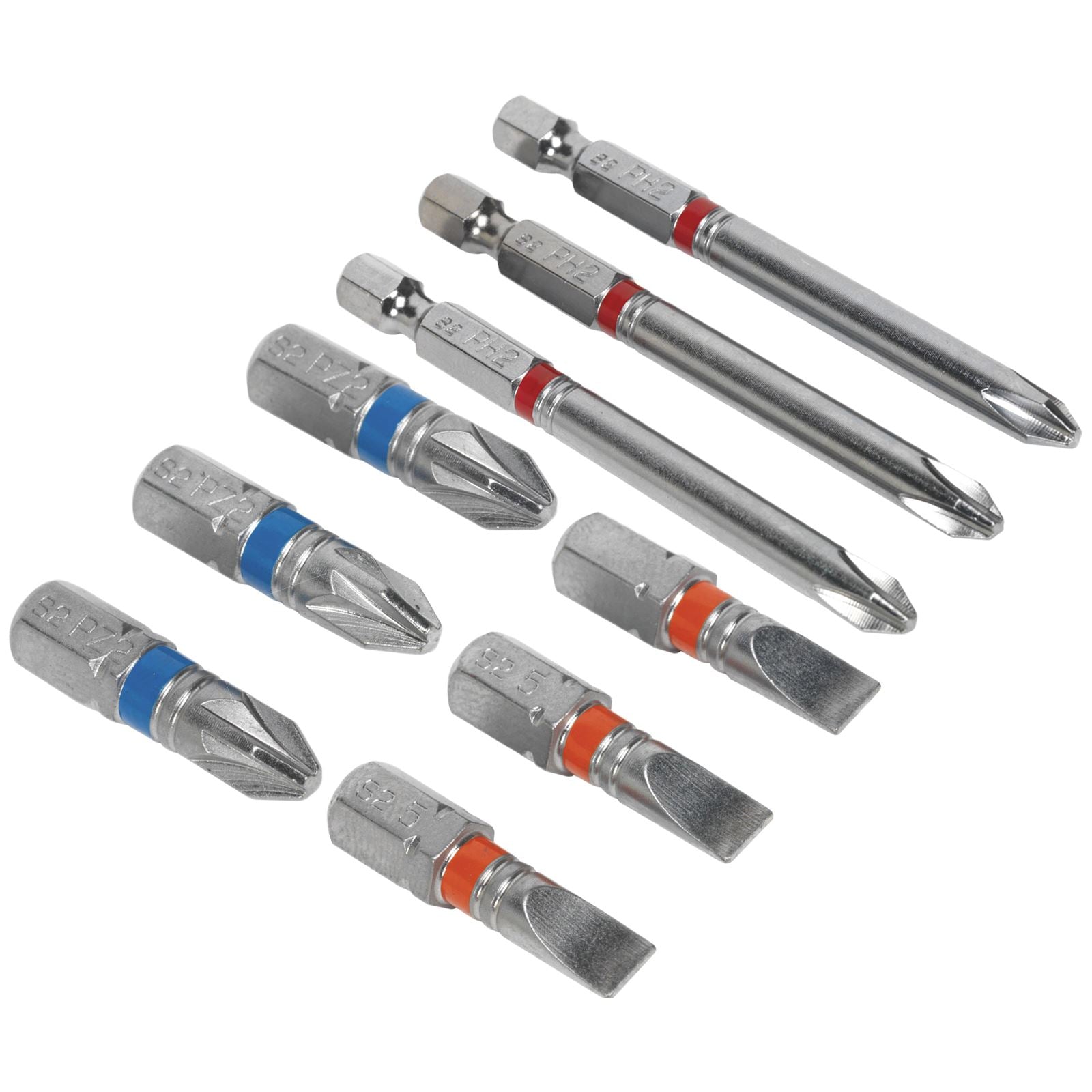 Sealey Screwdriver Bits Colour Coded S2 Steel 3 Pack Pozi Phillips Slotted 25mm 75mm