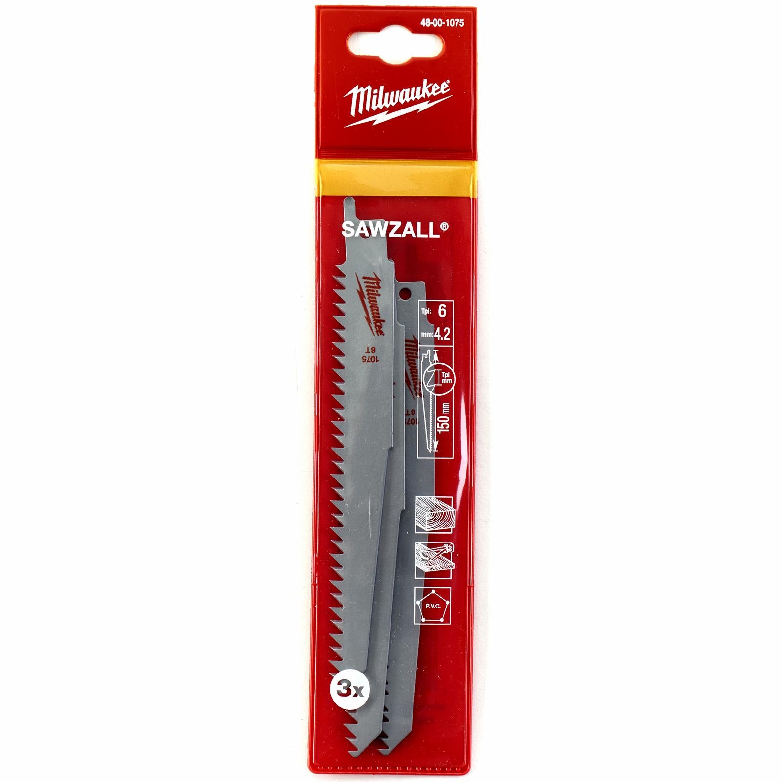 Milwaukee Reciprocating Saw Blade Sawzall 150mm 6 TPI 3 Pack Wood Plastic S644D