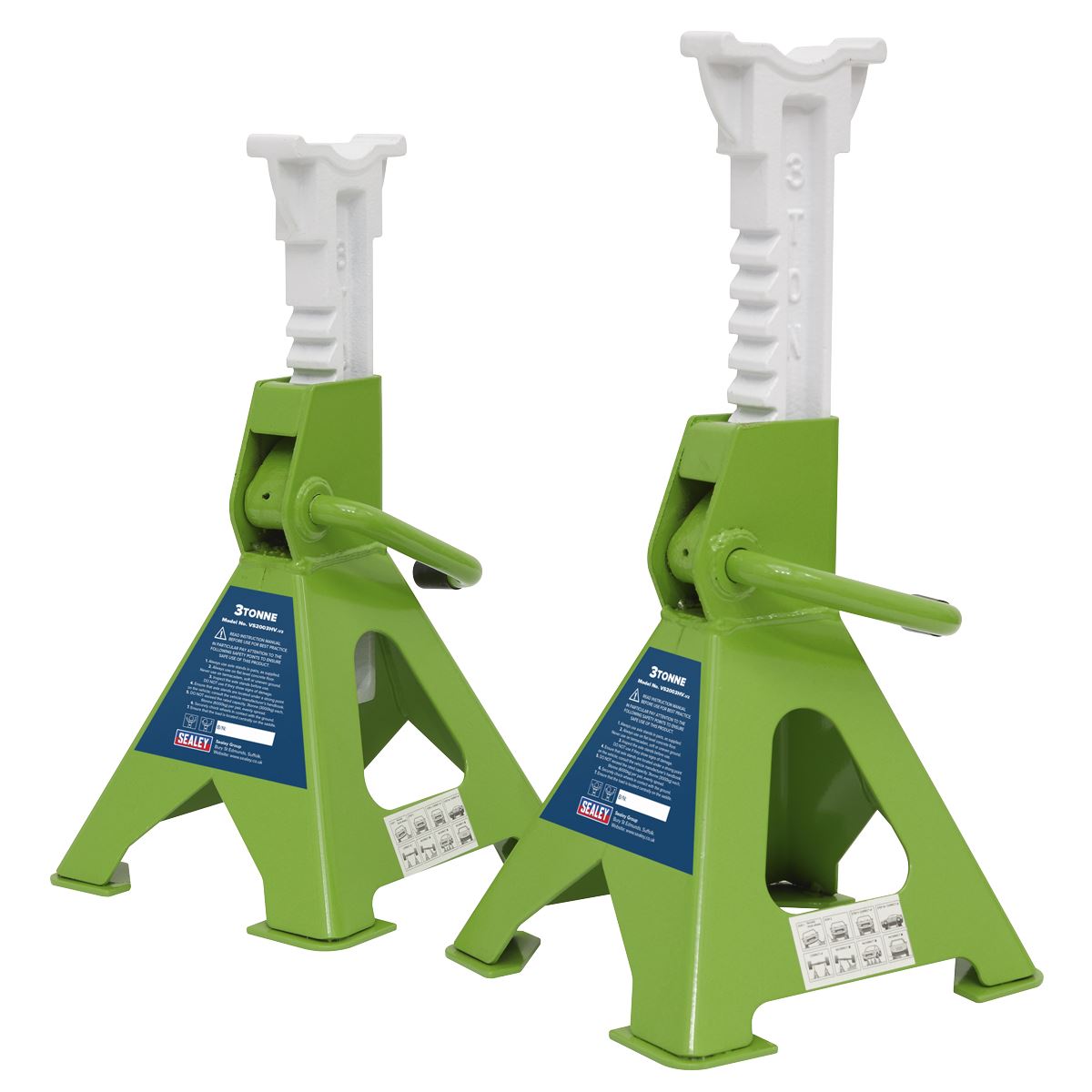 Sealey Ratchet Type Axle Stands (Pair) 3 Tonne Capacity per Stand - Hi-Vis Green