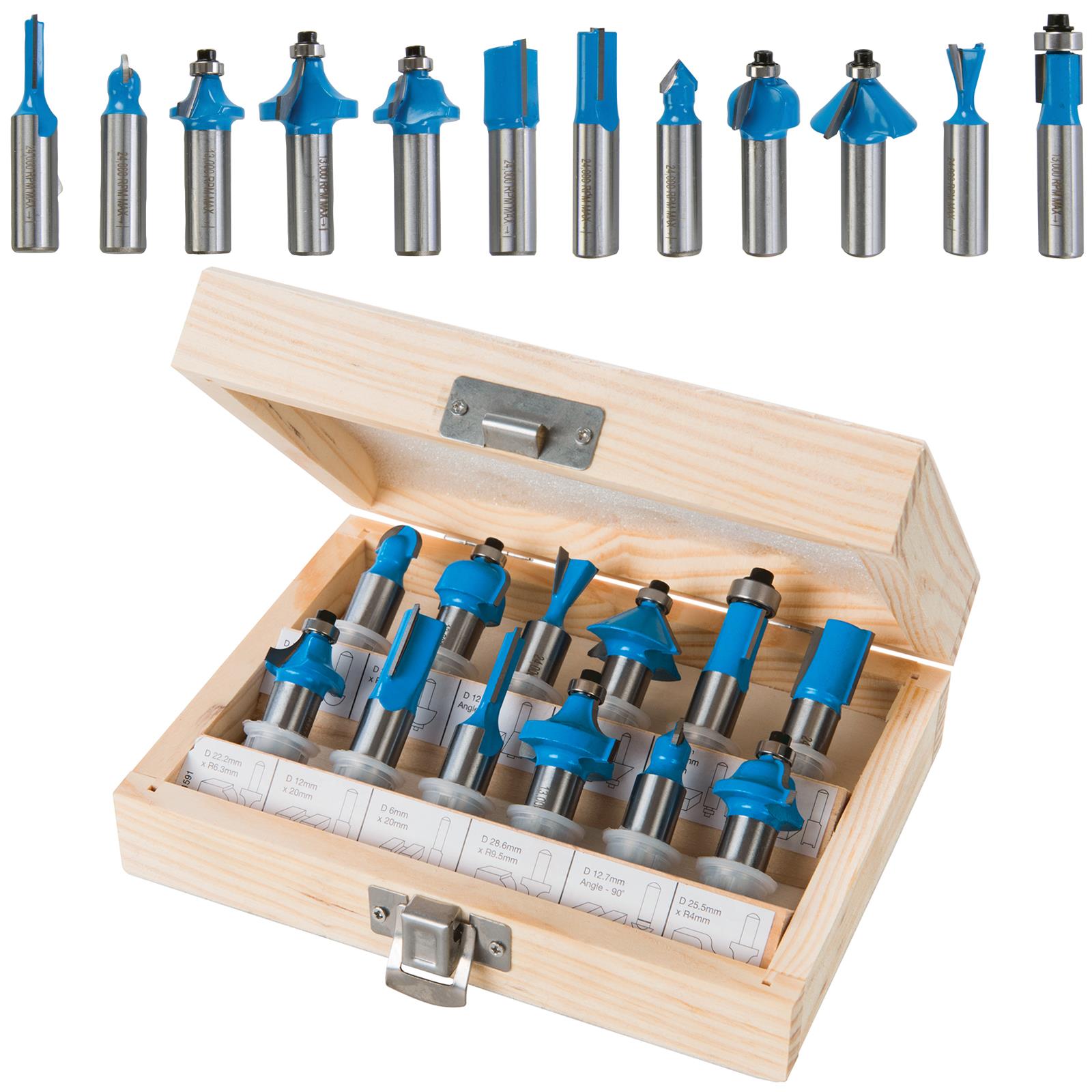 Silverline 12 Piece 12mm Shank TCT Router Bit Set In Wooden Case Cutter Cove