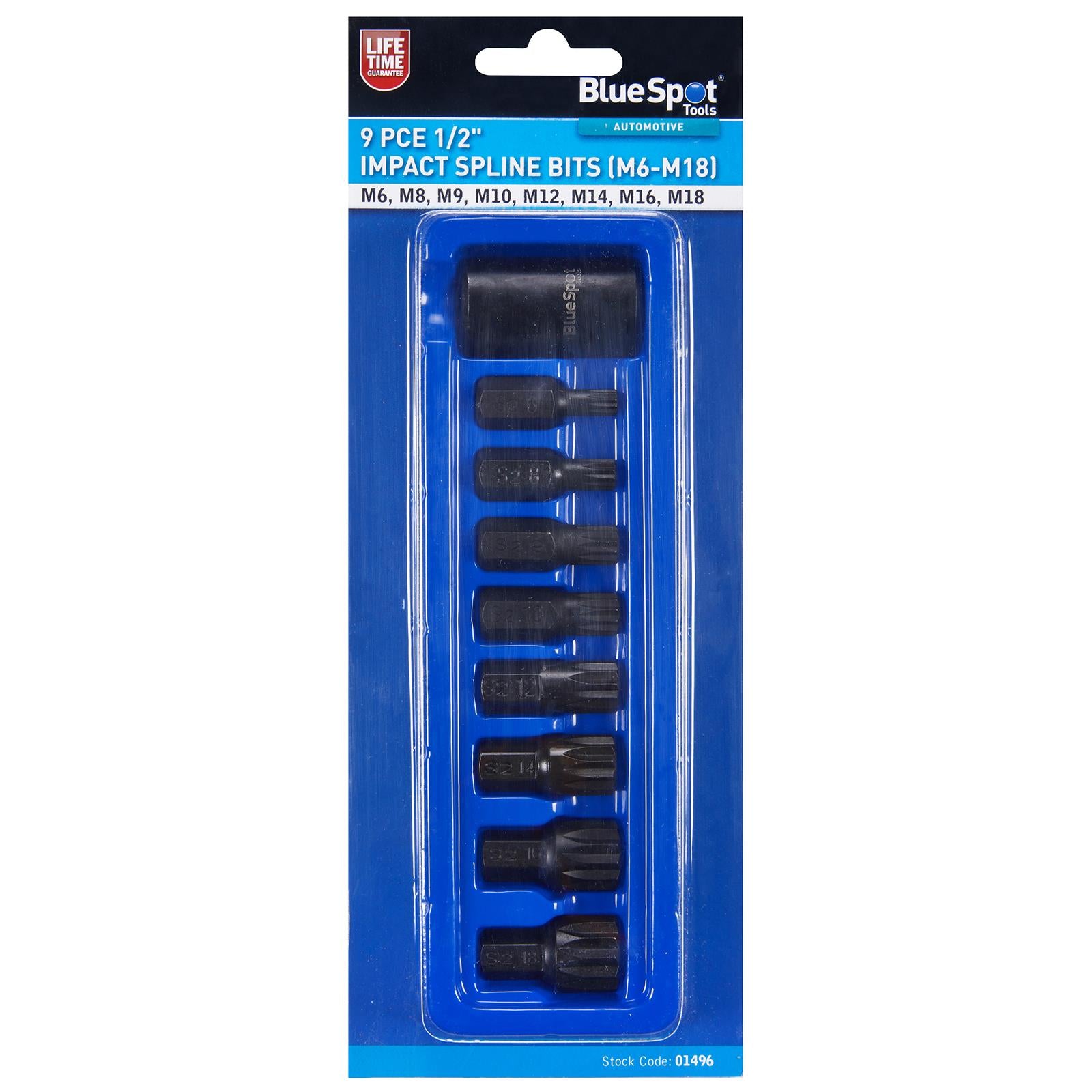 BlueSpot Impact Spline Bits Sockets 1/2" Drive M6-M18 9 Piece