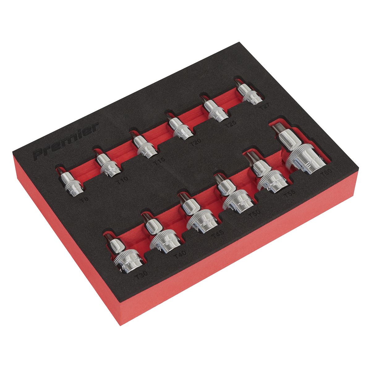 Sealey Premier 12 Piece 1/4" 3/8" 1/2" Drive Stubby Trx-Star Socket Bit Set in EVA Tray T8-T60