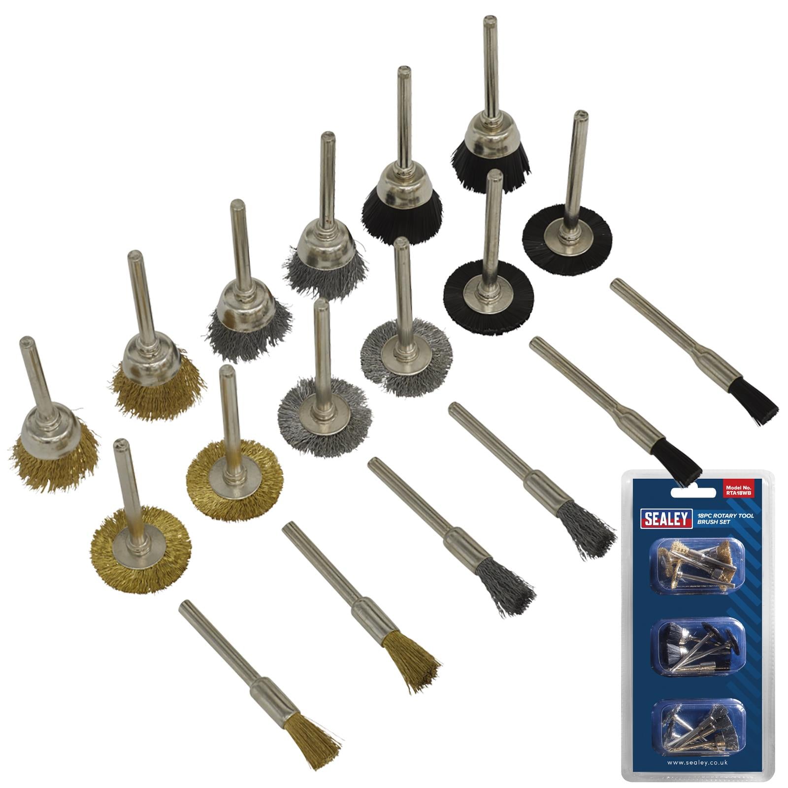 Sealey Rotary Tool Brush Set 18 Piece Brass Steel Wire Nylon Brushes