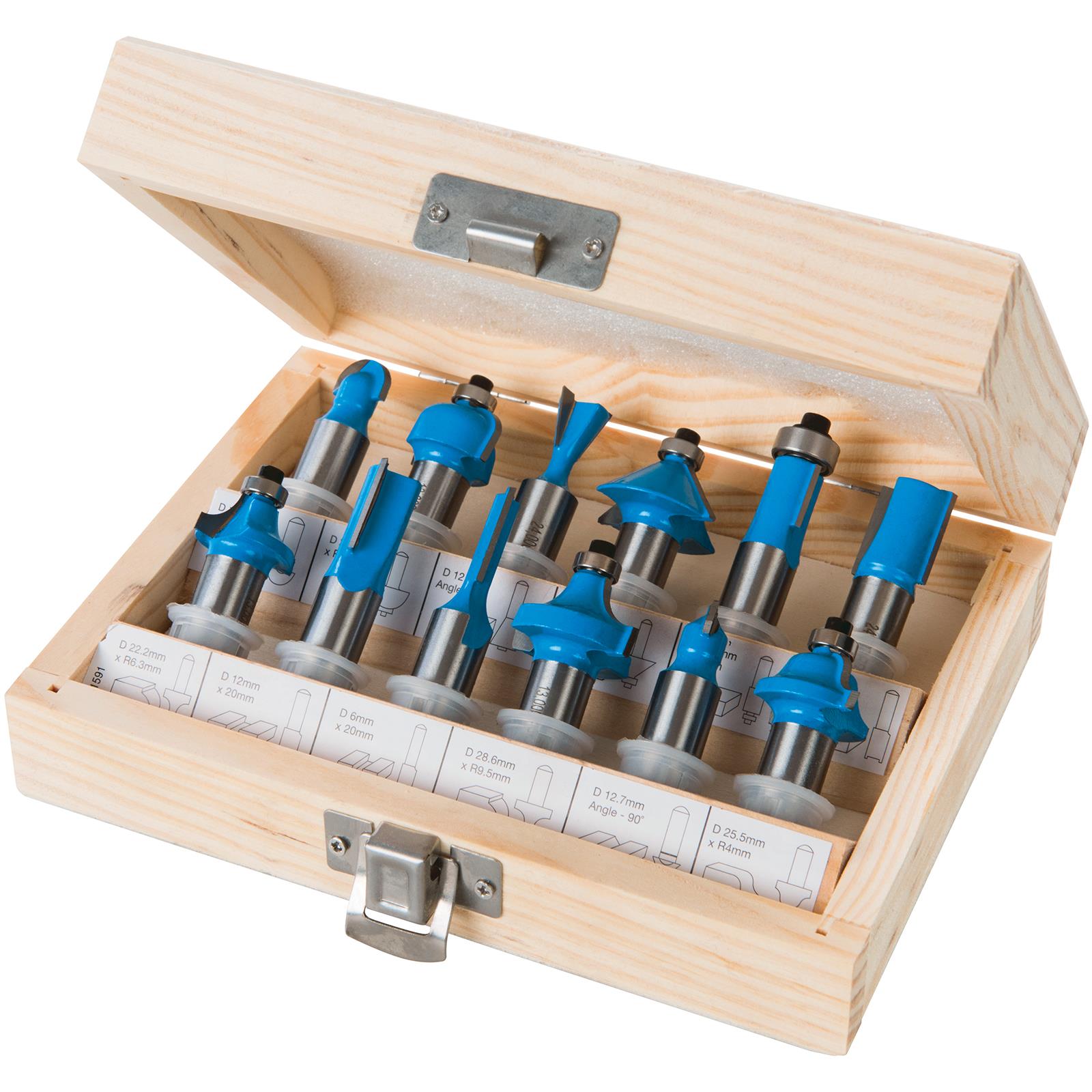 Silverline 12 Piece 12mm Shank TCT Router Bit Set In Wooden Case Cutter Cove