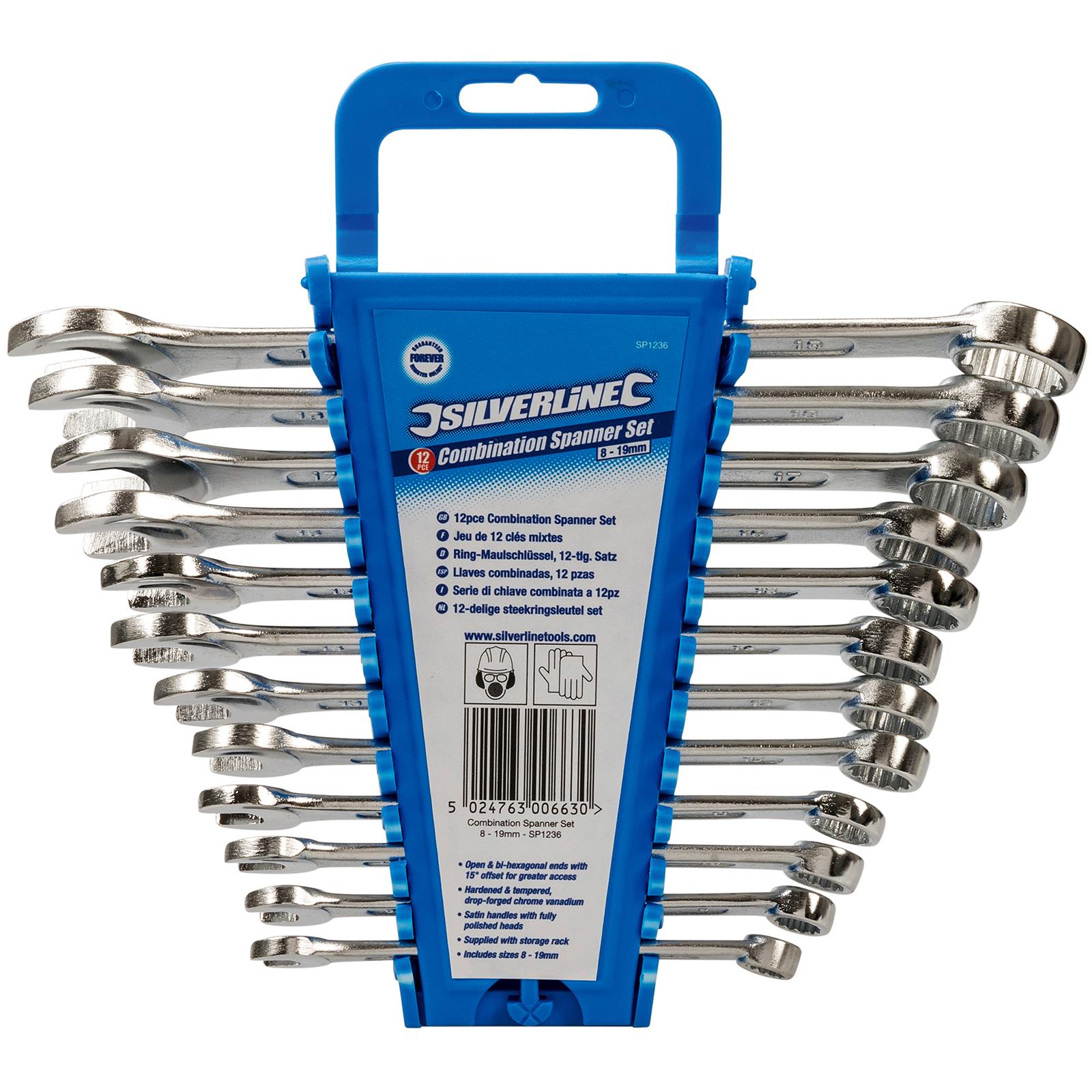 Silverline 12 Piece Combination Spanner Set 8-19mm Open End Hex Storage Rack