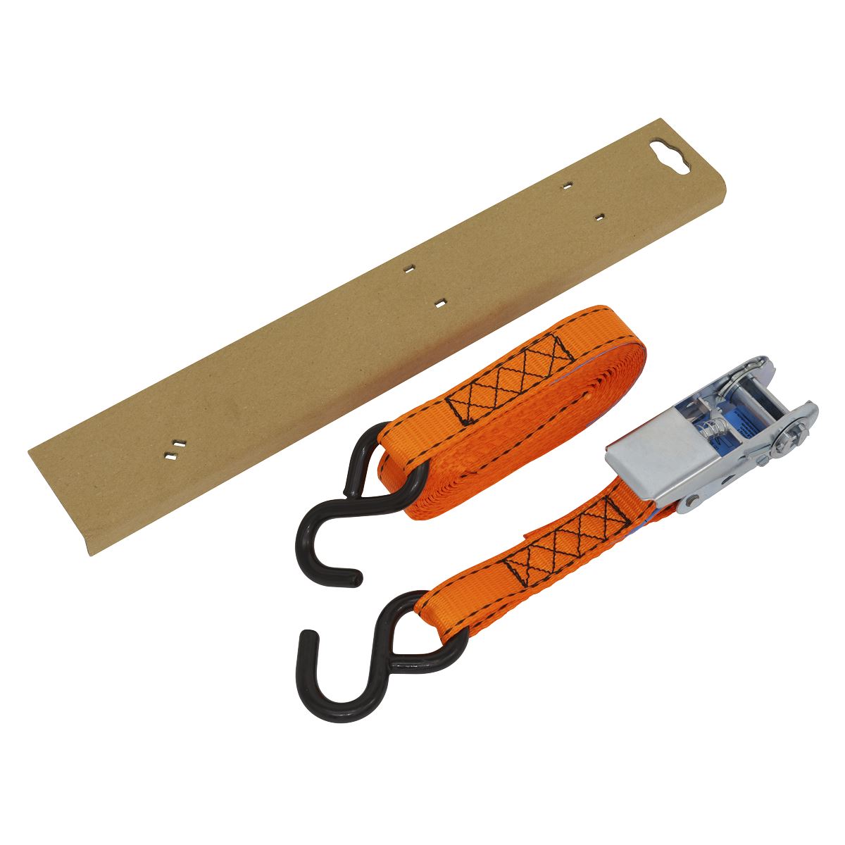 Sealey Ratchet Strap 25mm x 5m Polyester Webbing S-Hook with Corner Protector 600kg Breaking Strength