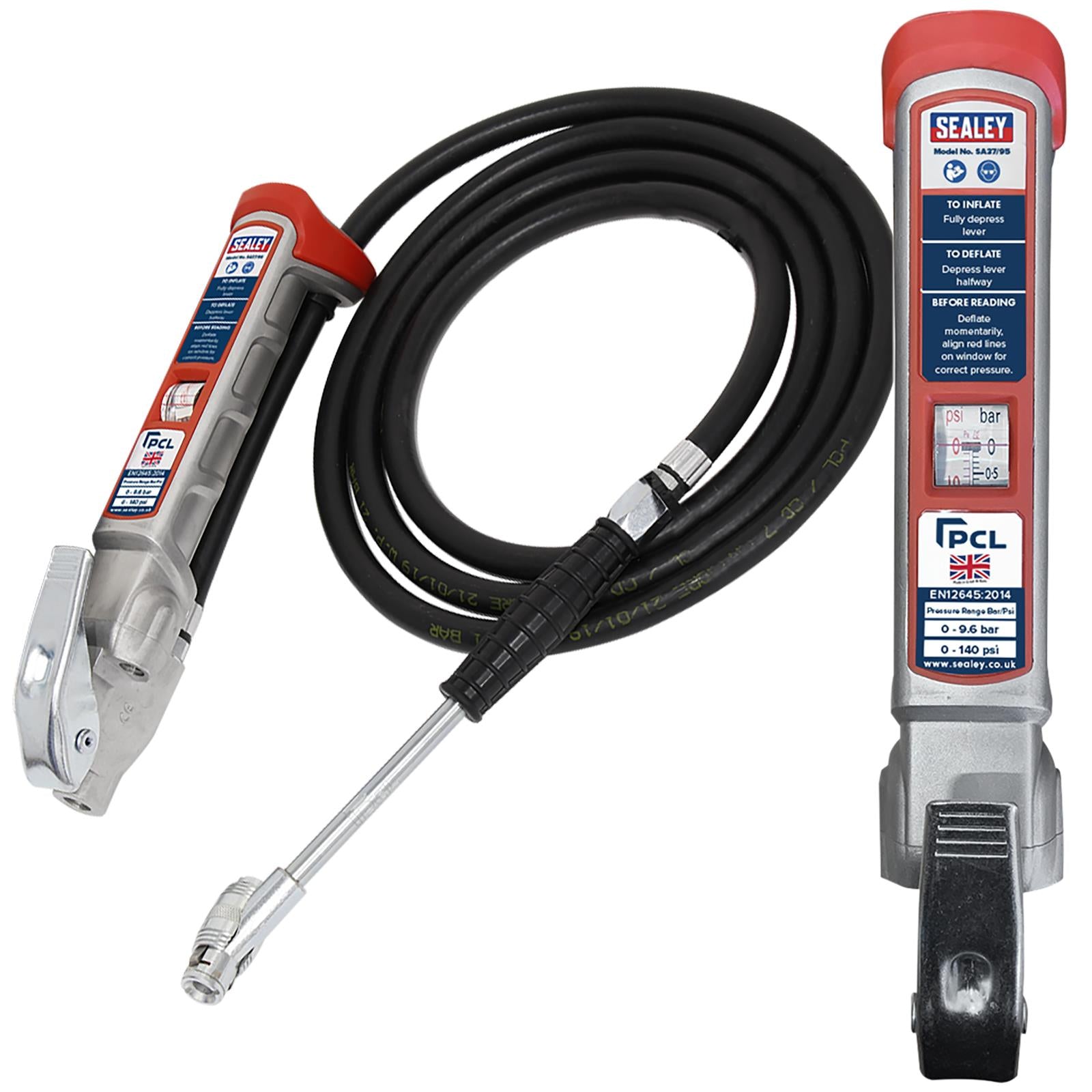 Sealey Tyre Inflator 2.5m Hose with Twin Clip-On Connector