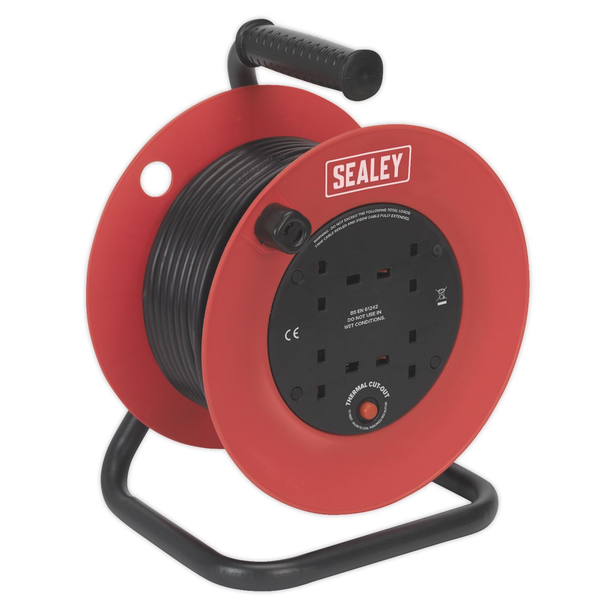 Sealey Cable Reel 25m 4 x 230V 1.5mm² Heavy-Duty Thermal Trip