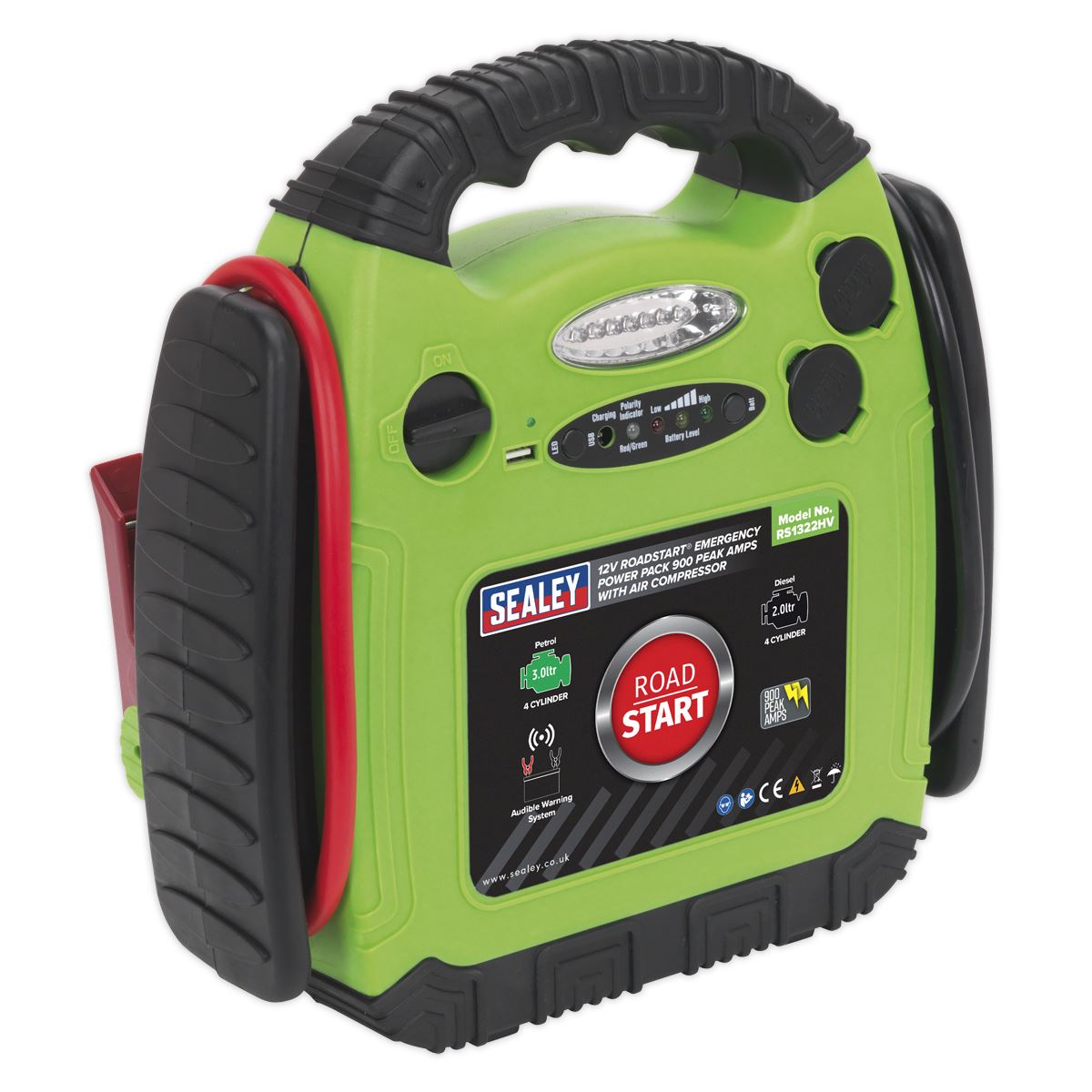 Sealey 12V RoadStart Emergency Power Pack 900 Peak Amps with Air Compressor Hi-Vis