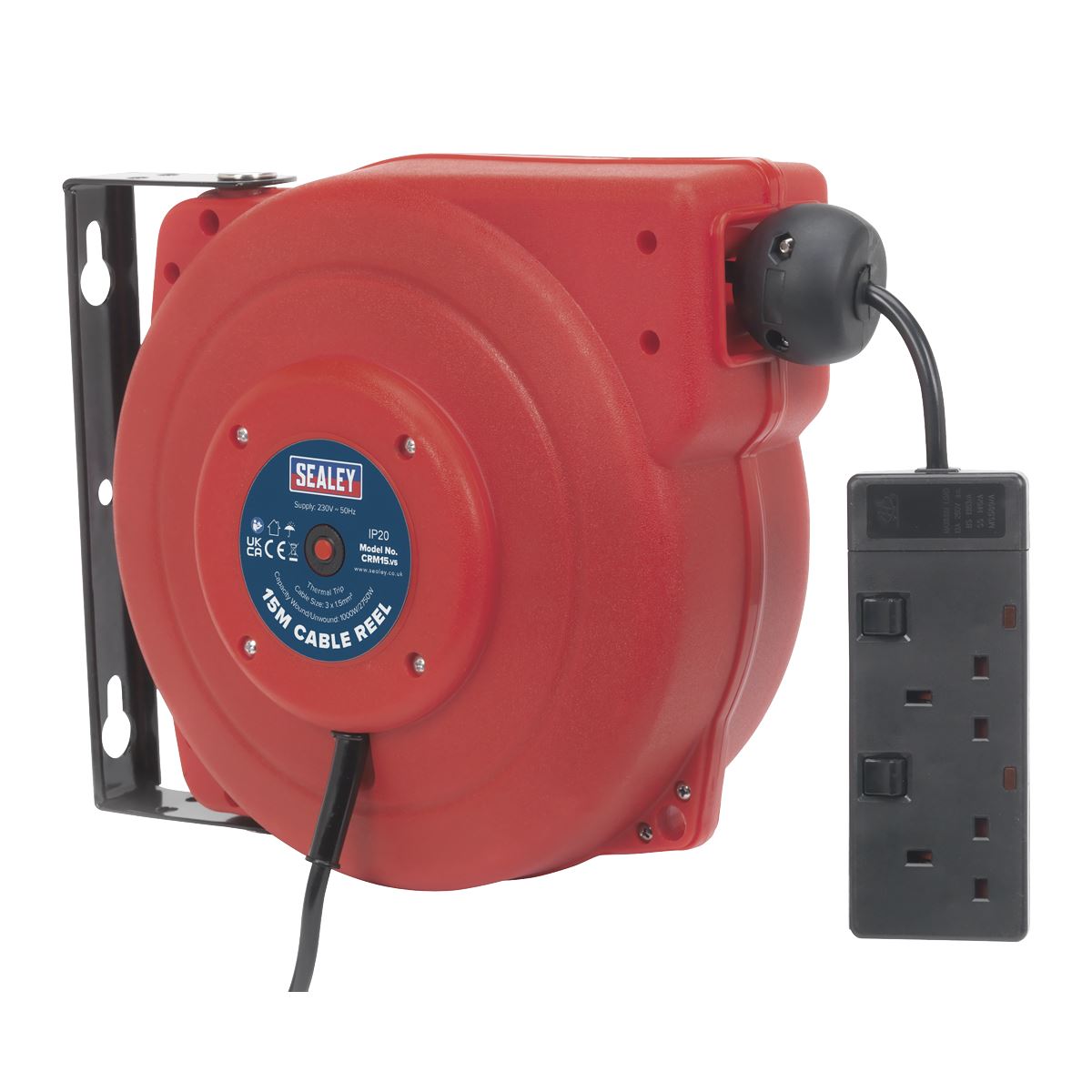 Sealey Cable Reel System Retractable 15m 2 x 230V Socket