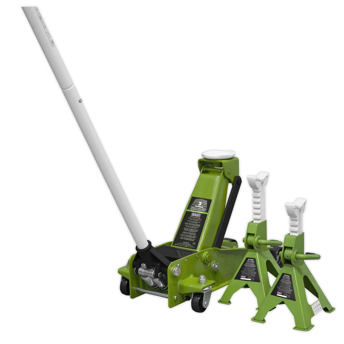Sealey Trolley Jack with Super Rocket Lift 3 Tonne & Axle Stands (Pair) 3 Tonne Capacity per Stand - Green