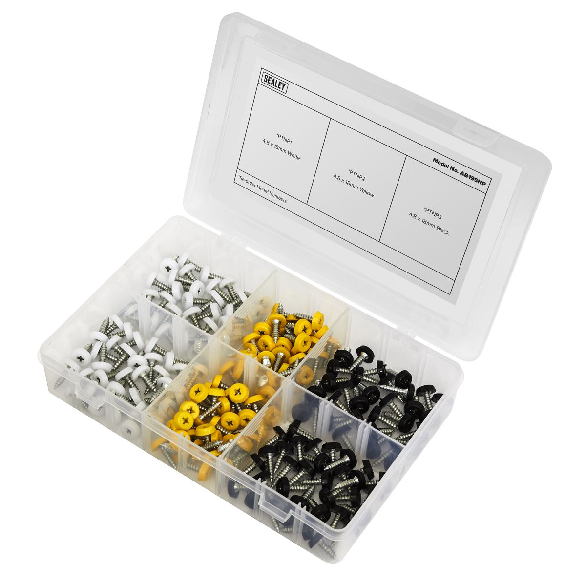 Sealey Numberplate Screw Assortment 195pc 4.8mm x 18mm - Plastic Enclosed Head