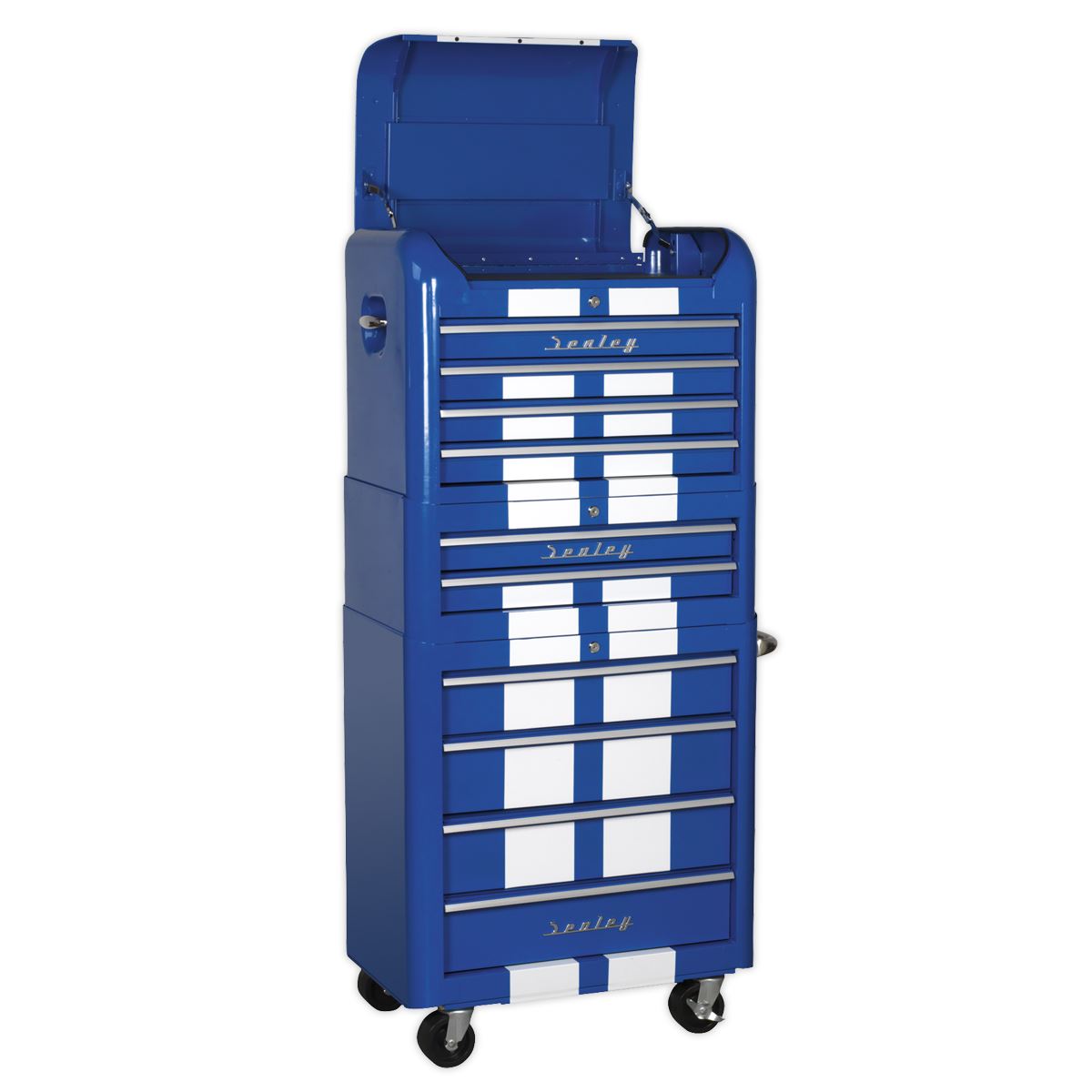 Sealey Premier Retro Style Topchest, Mid-Box Tool Chest & Rollcab Combination 10 Drawer Blue/White Stripes