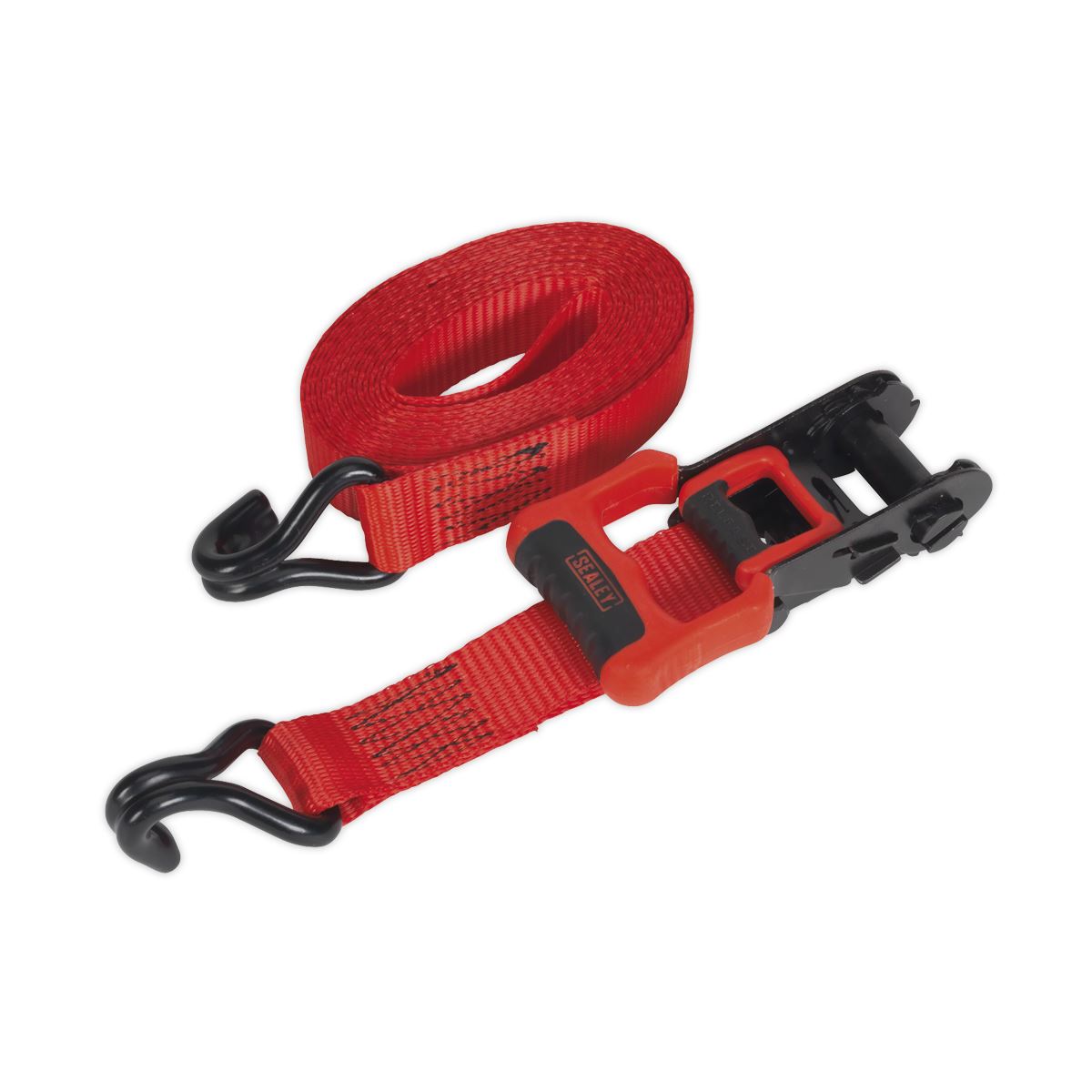 Sealey Ratchet Straps 32mm x 4.9m Polyester Webbing with J-Hooks 1200kg Breaking Strength - 2 Pairs