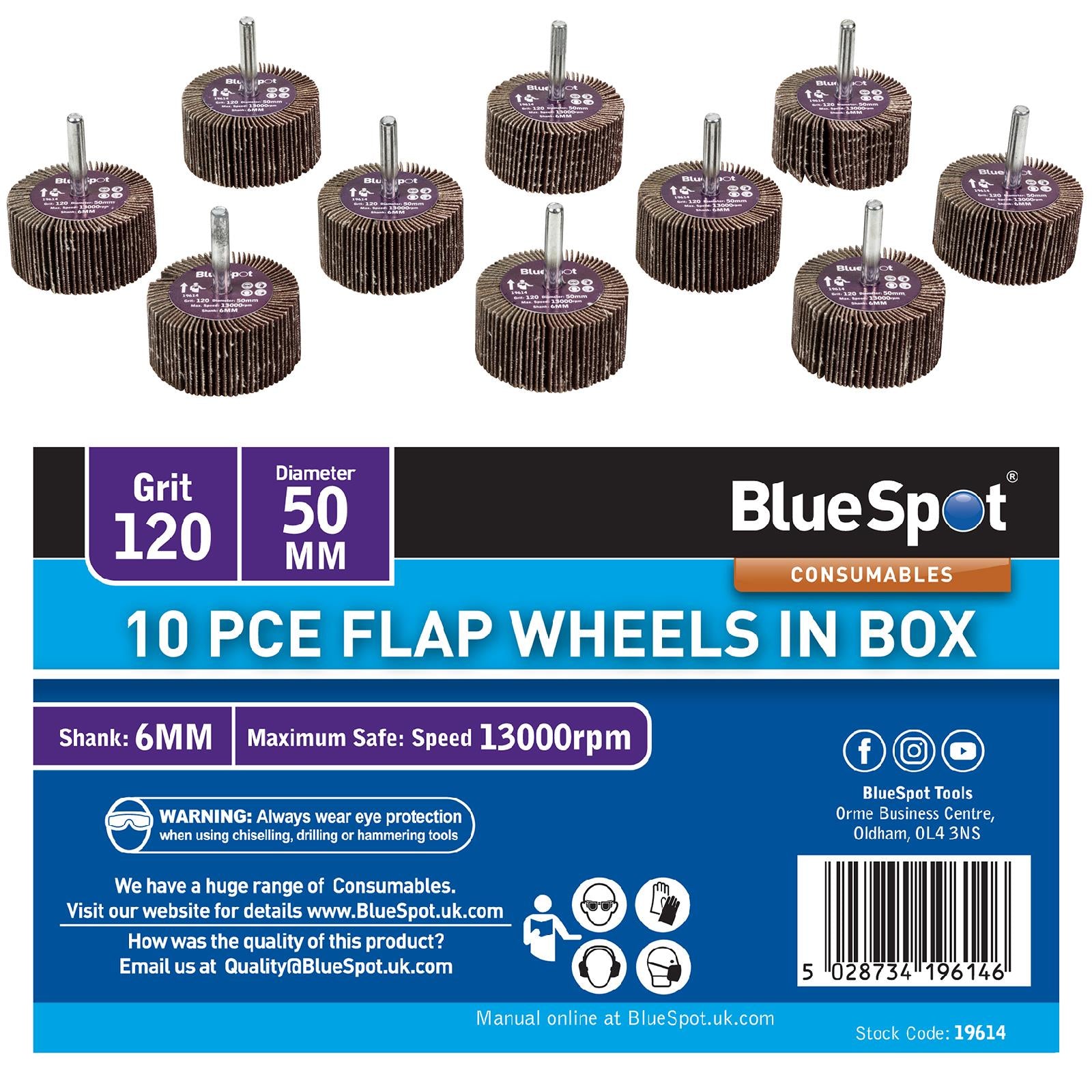 BlueSpot Flap Wheels In Box 10 Pieces 120 Grit 50mm