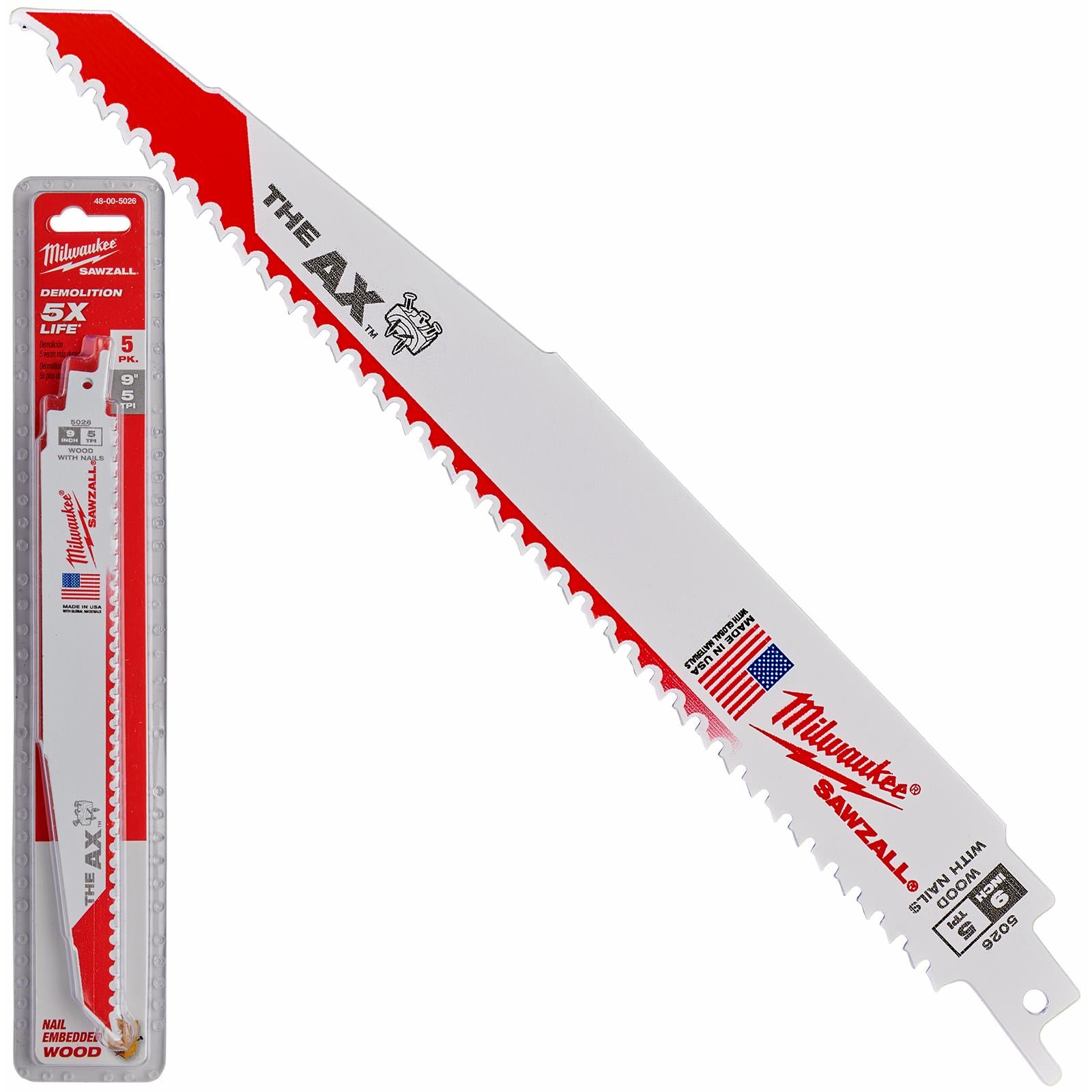 Milwaukee Reciprocating Saw Blade Sawzall 230mm THE AX 5 Pack Wood with Nails