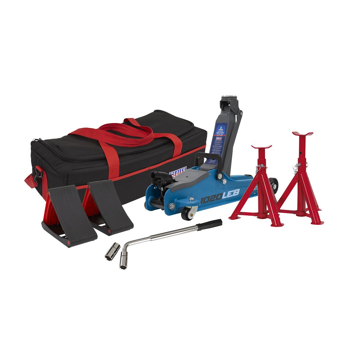 Sealey Low Entry Short Chassis Trolley Jack & Accessories Bag Combo, 2 Tonne - Blue