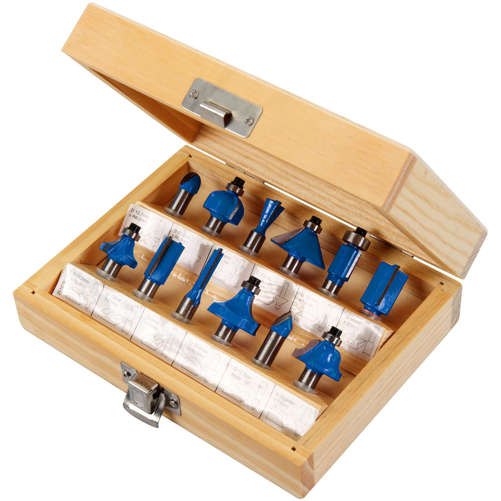 Silverline 12 Piece 8mm Shank TCT Router Bit Set in Wooden Case Straight Cove