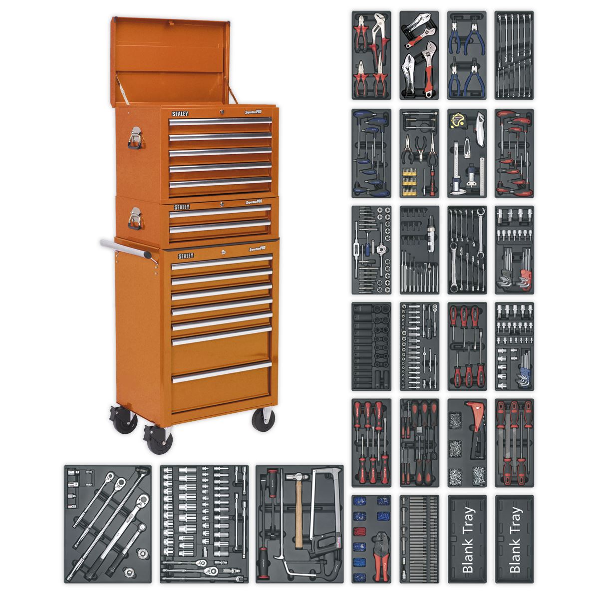 Sealey Superline Pro Tool Chest Combination 14 Drawer with Ball-Bearing Slides - Orange & 1179pc Tool Kit