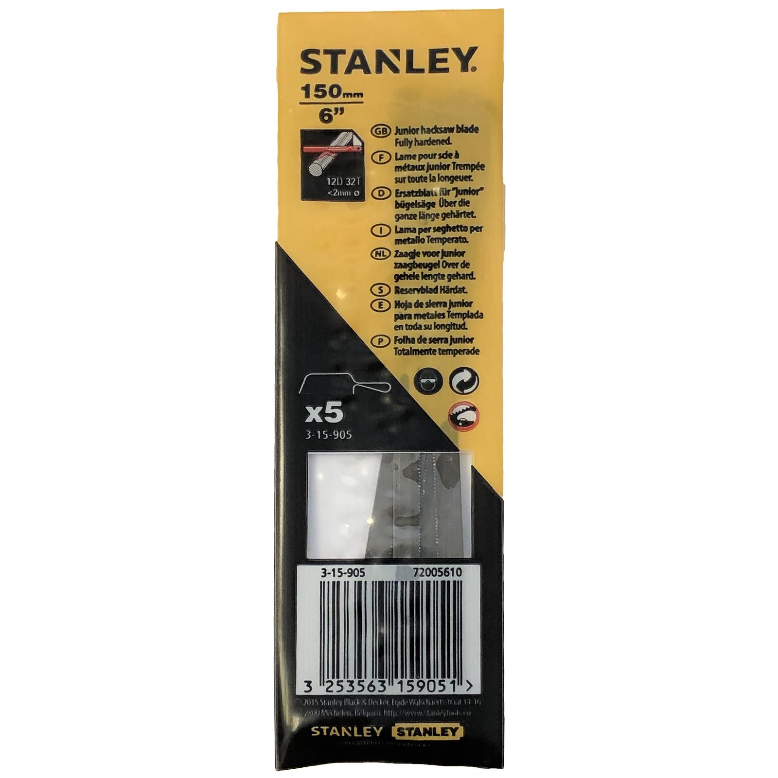 Stanley Junior Hacksaw Blade 150mm 6" Fully Hardened Pack of 5 Blades