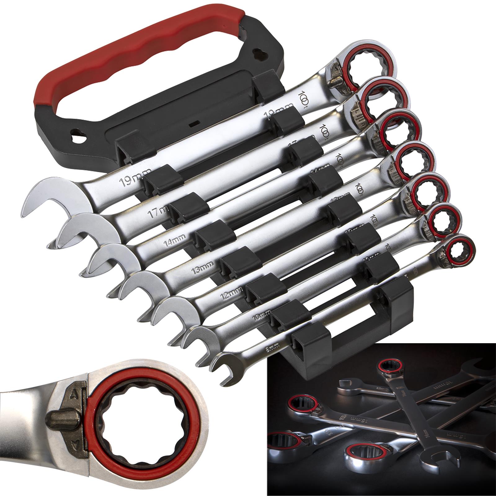 Sealey Reversible Ratchet Combination Spanner Set 7 Piece 8-19mm 100 Tooth Premier