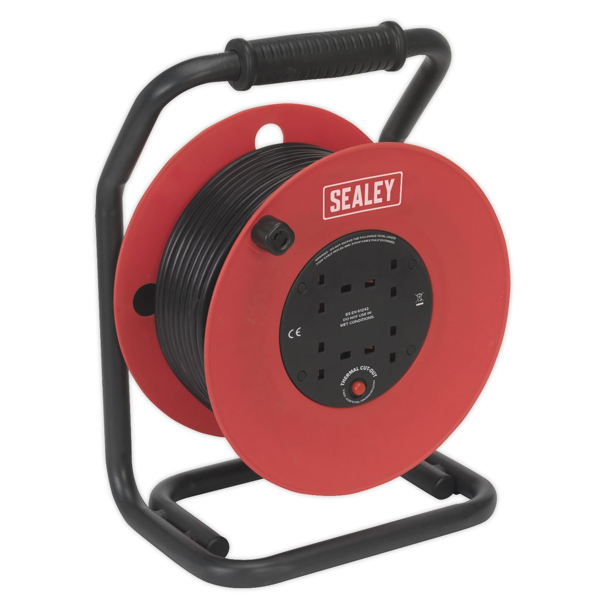 Sealey Cable Reel 50m 4 x 230V 1.5mm² Heavy-Duty Thermal Trip