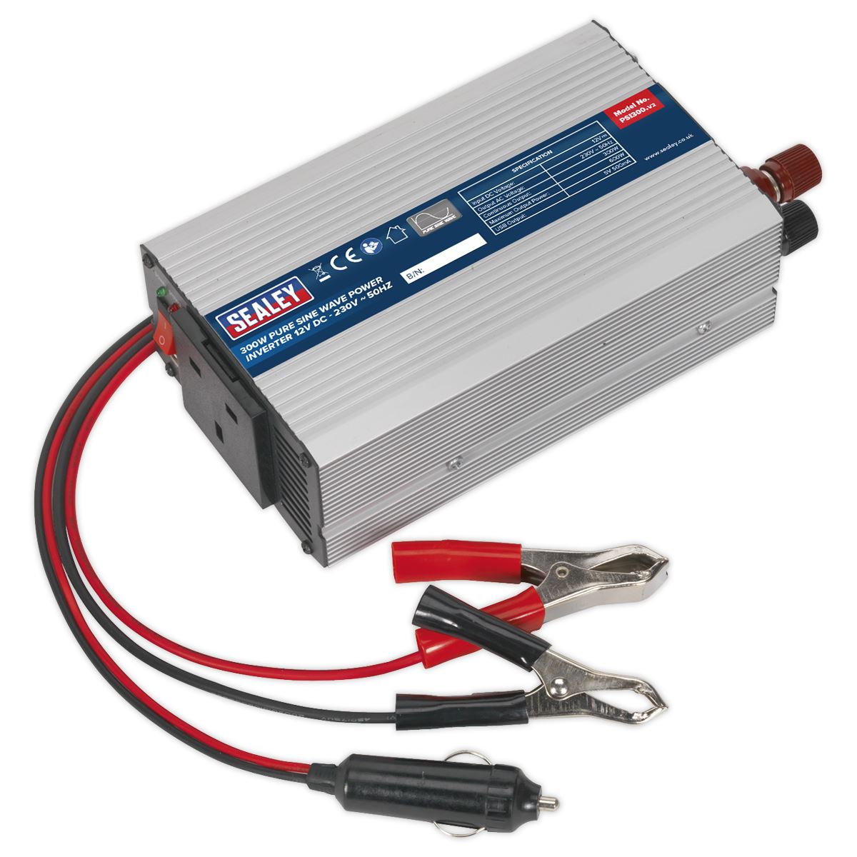 Sealey Power Inverter Pure Sine Wave 300W 12V DC - 230V ~ 50Hz