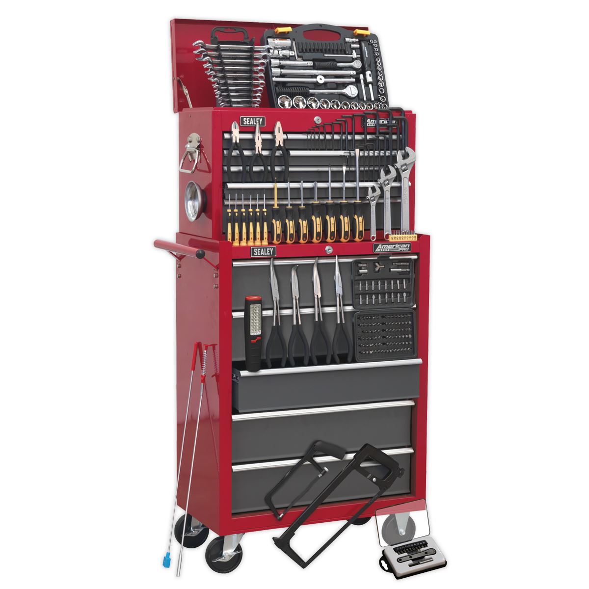 Sealey American Pro Topchest & Rollcab Combination 14 Drawer with Ball-Bearing Slides - Red/Grey & 281pc Tool Kit