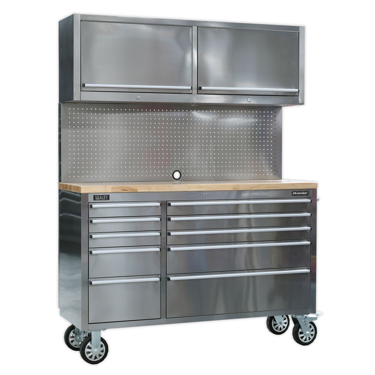 Sealey Premier Mobile Stainless Steel Tool Cabinet 10 Drawer with Backboard & 2 Wall Cupboards