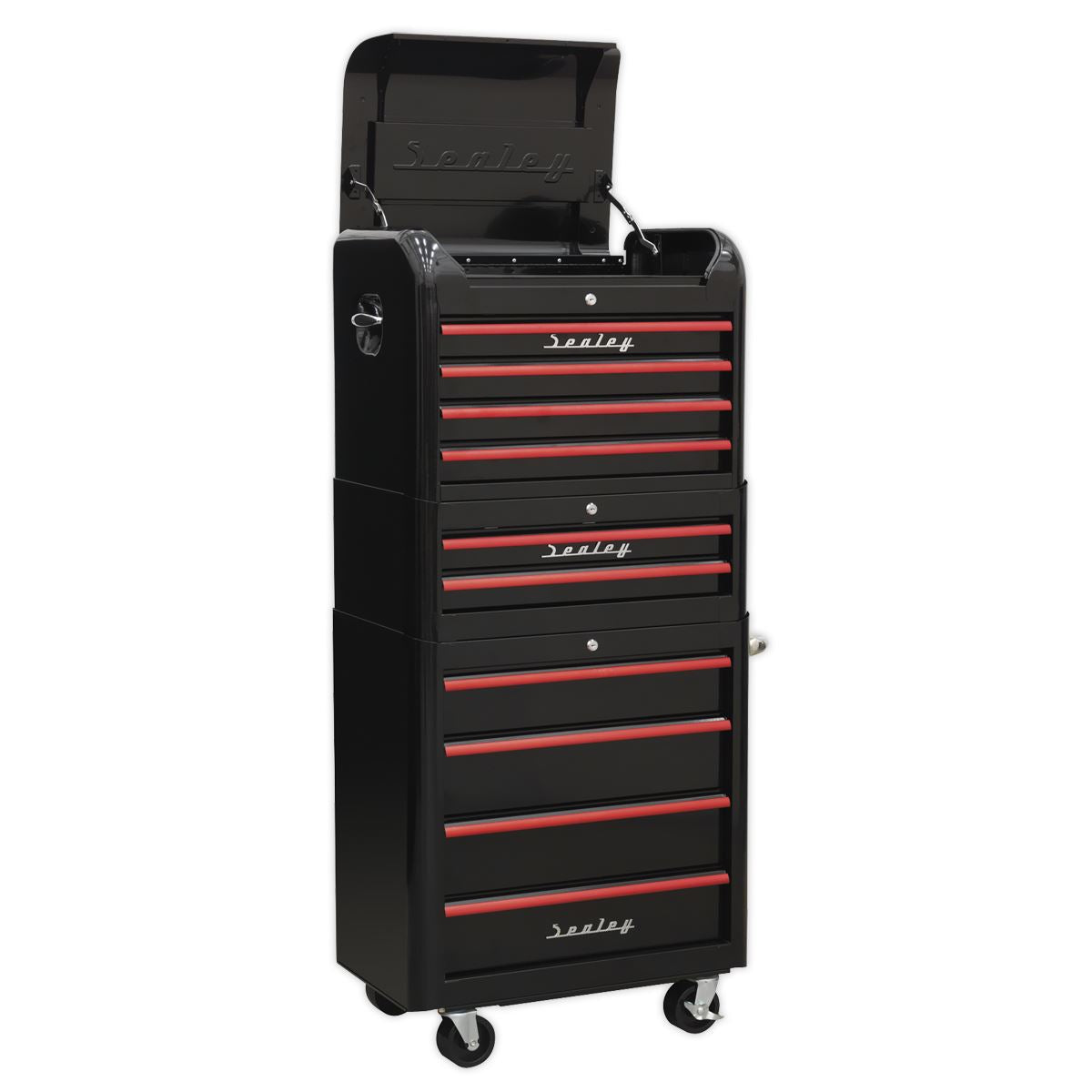 Sealey Premier Retro Style Topchest, Mid-Box Tool Chest & Rollcab Combination 10 Drawer - Black with Red Anodised Drawer Pulls