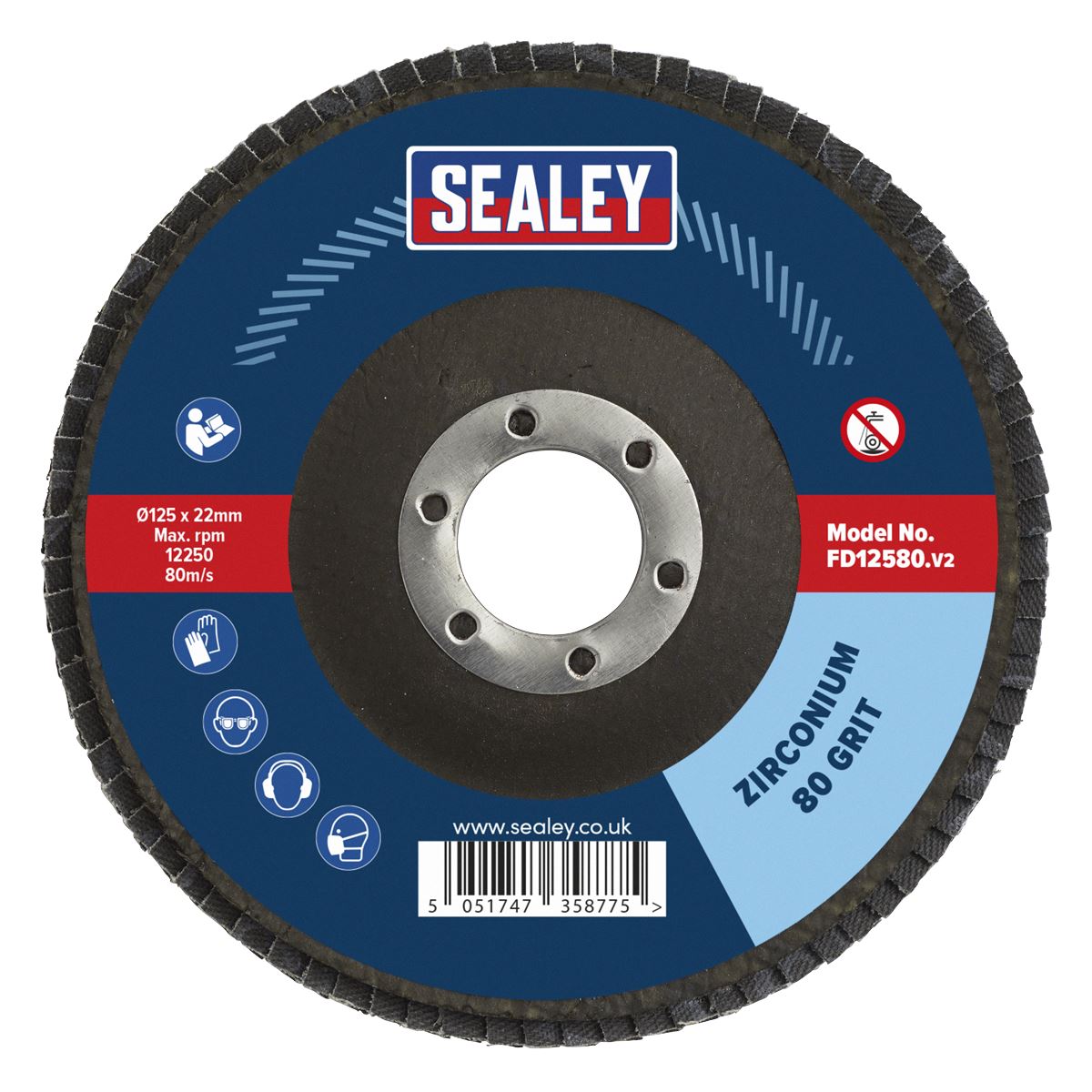 Sealey Flap Disc Zirconium Ø125mm Ø22mm Bore 80Grit