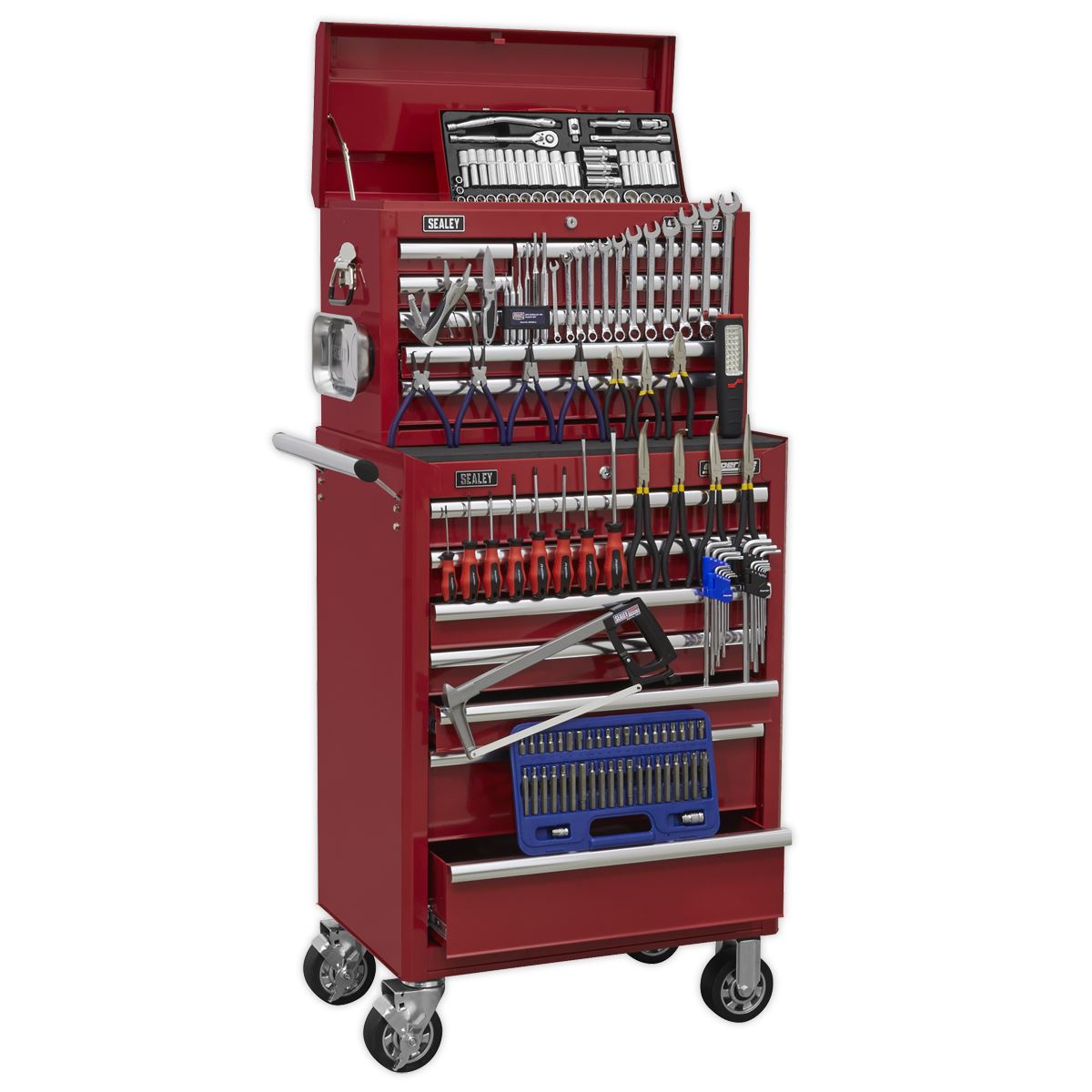 Sealey Superline Pro Topchest & Rollcab Combination 15 Drawer with Ball-Bearing Slides - Red & 148pc Tool Kit