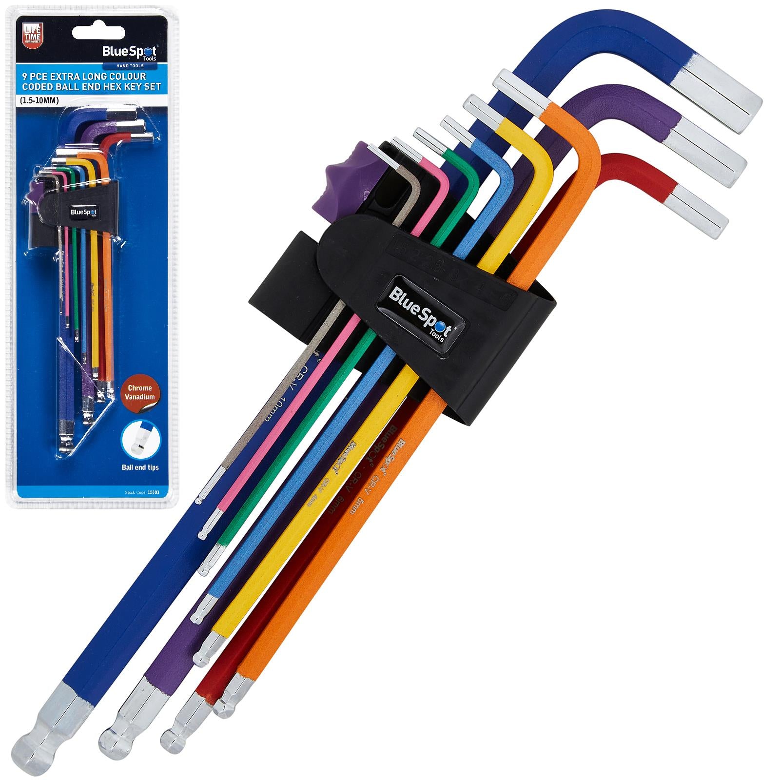 BlueSpot Hex Key Set Extra Long Colour Coded Ball End 1.5-10mm 9 Piece