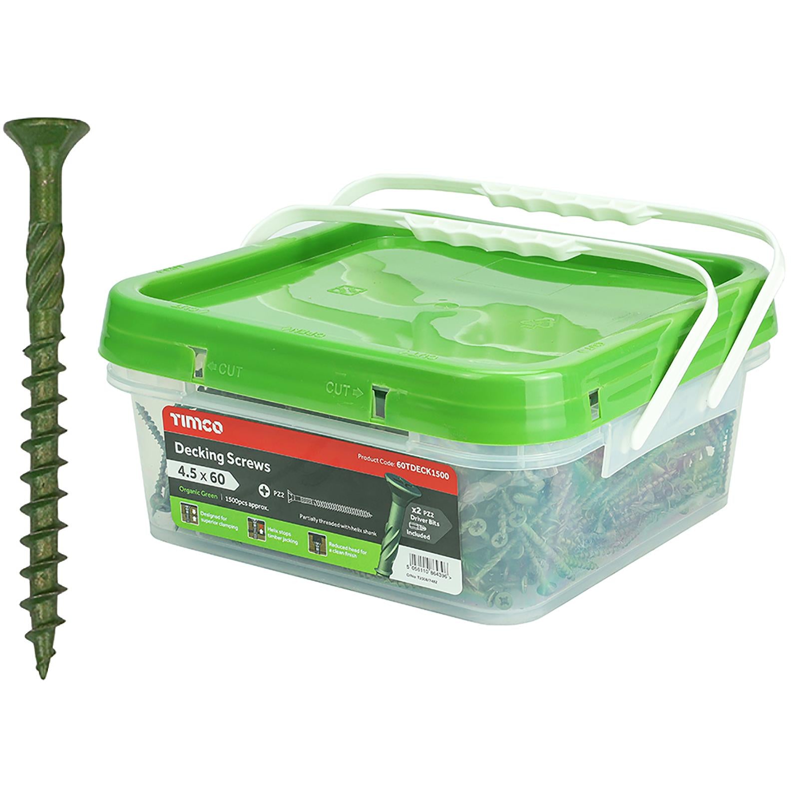 TIMCO Decking Screw Countersunk Exterior Green Organic 4.5 x 60mm Pozi 1500 Tub