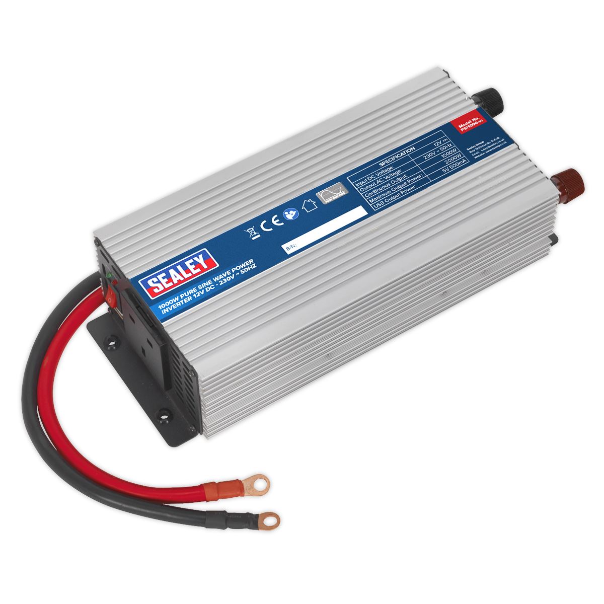 Sealey Power Inverter Pure Sine Wave 1000W 12V DC - 230V ~ 50Hz