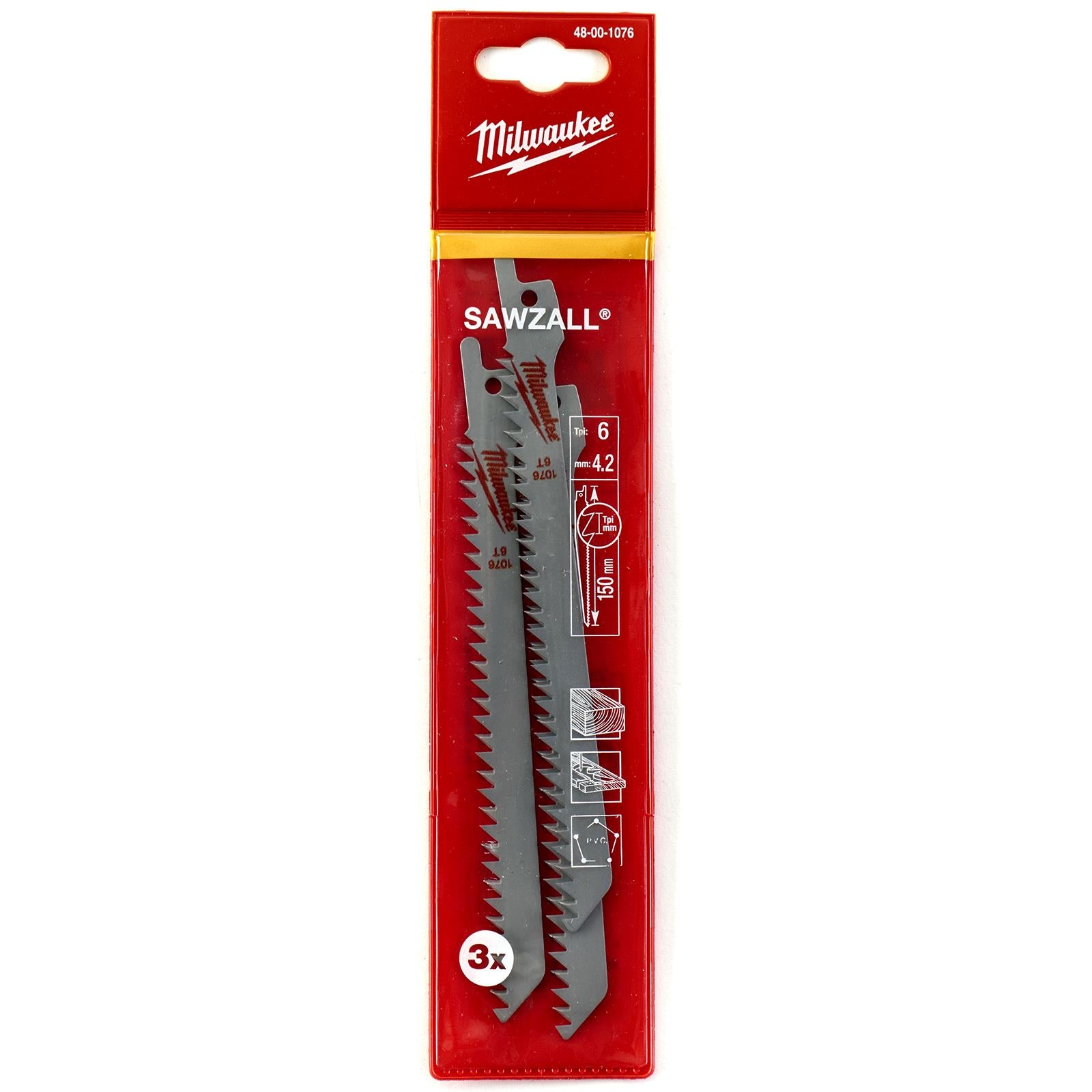 Milwaukee Reciprocating Saw Blade Sawzall 150mm 6 TPI 3 Pack Wood Plastic S744D